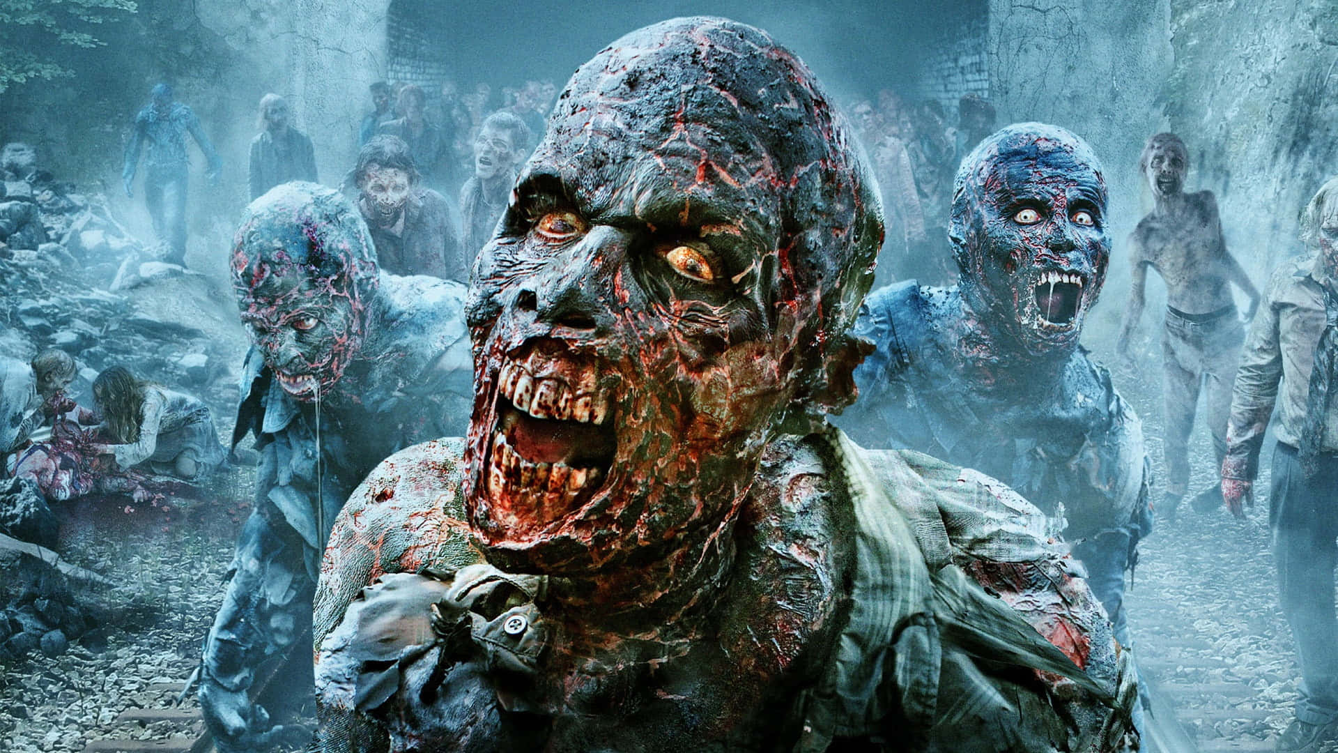 zombie costumes, horde of grotesque zombies, decaying flesh, Full HD Desktop Wallpaper