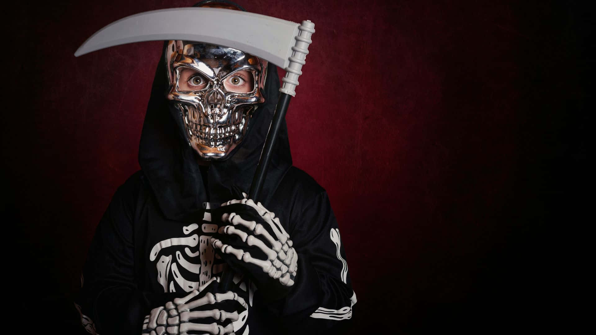 metallic skull mask, black hooded outfit, scythe, Full HD Desktop Wallpaper