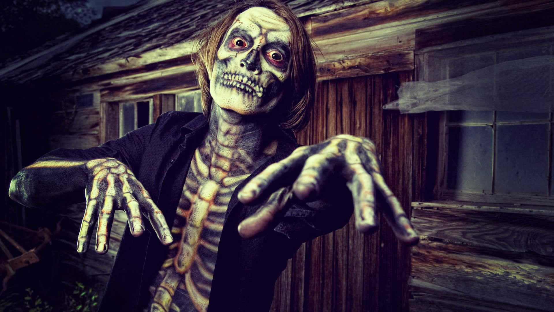 skeletal figure, glowing red eyes, long hair, Full HD Desktop Wallpaper