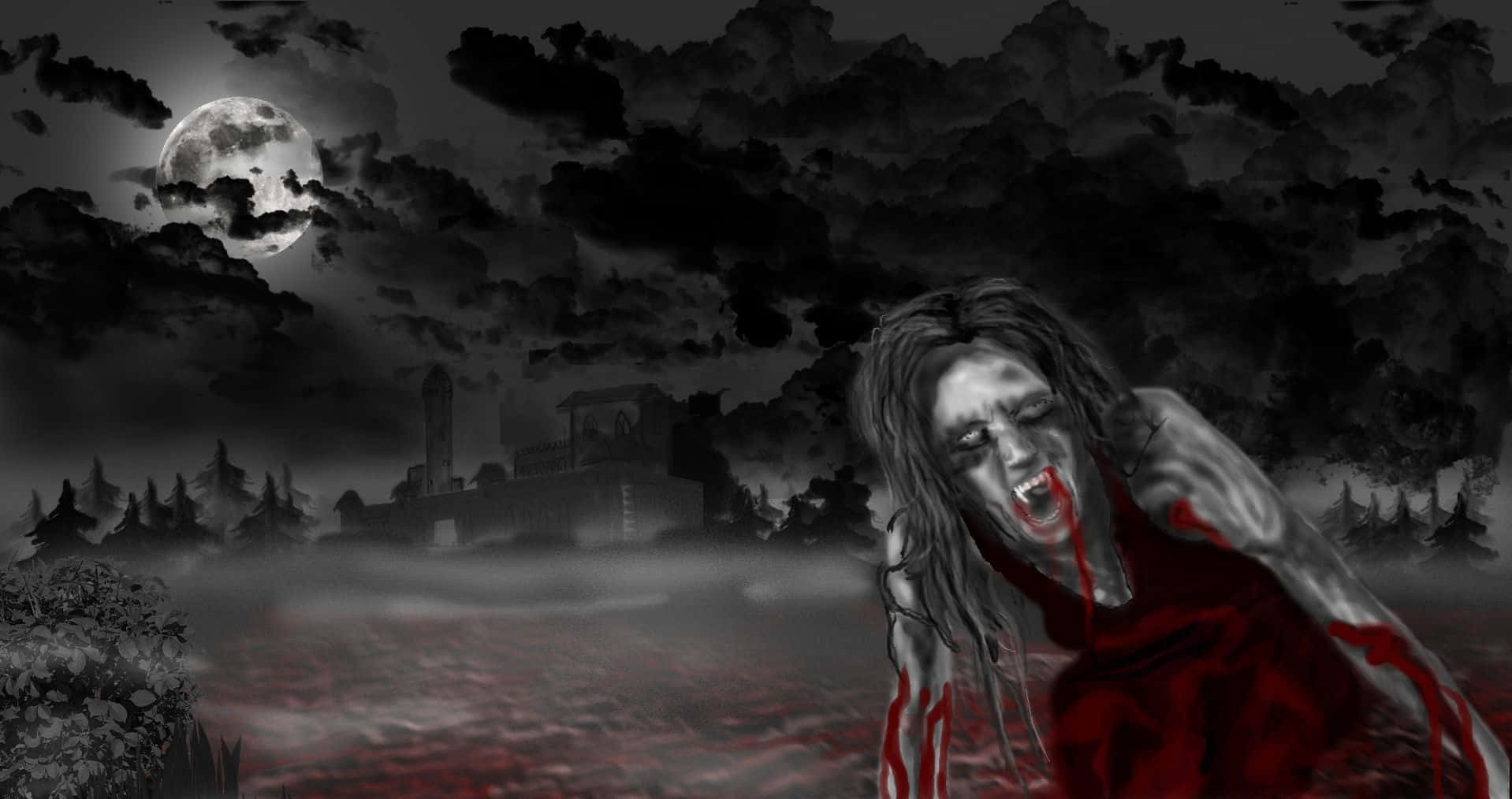 zombie woman, full moon, misty graveyard, HD Desktop Wallpaper