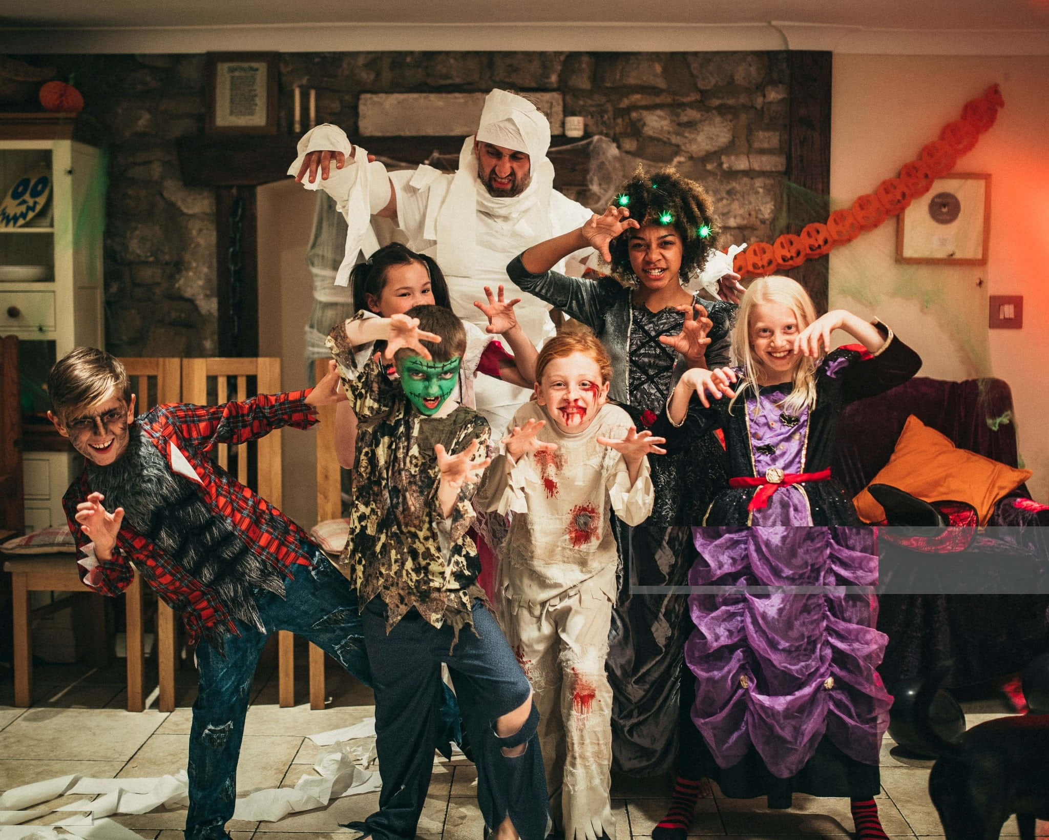 zombie costumes, Halloween costumes, stone-walled living room, Full HD Desktop Wallpaper
