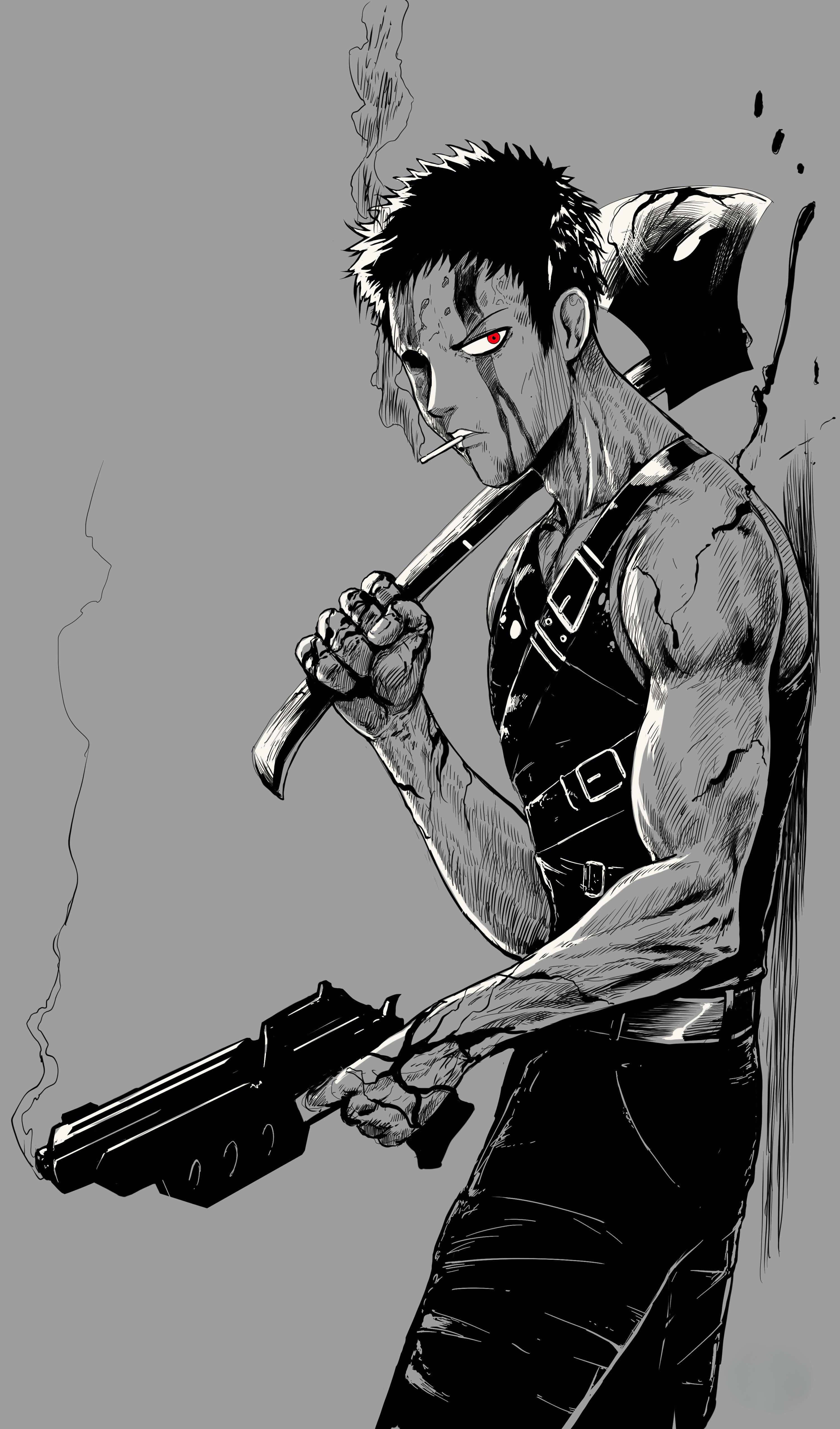 Zombieman 3000, anime-style warrior, red eyes, 4K Phone Wallpaper