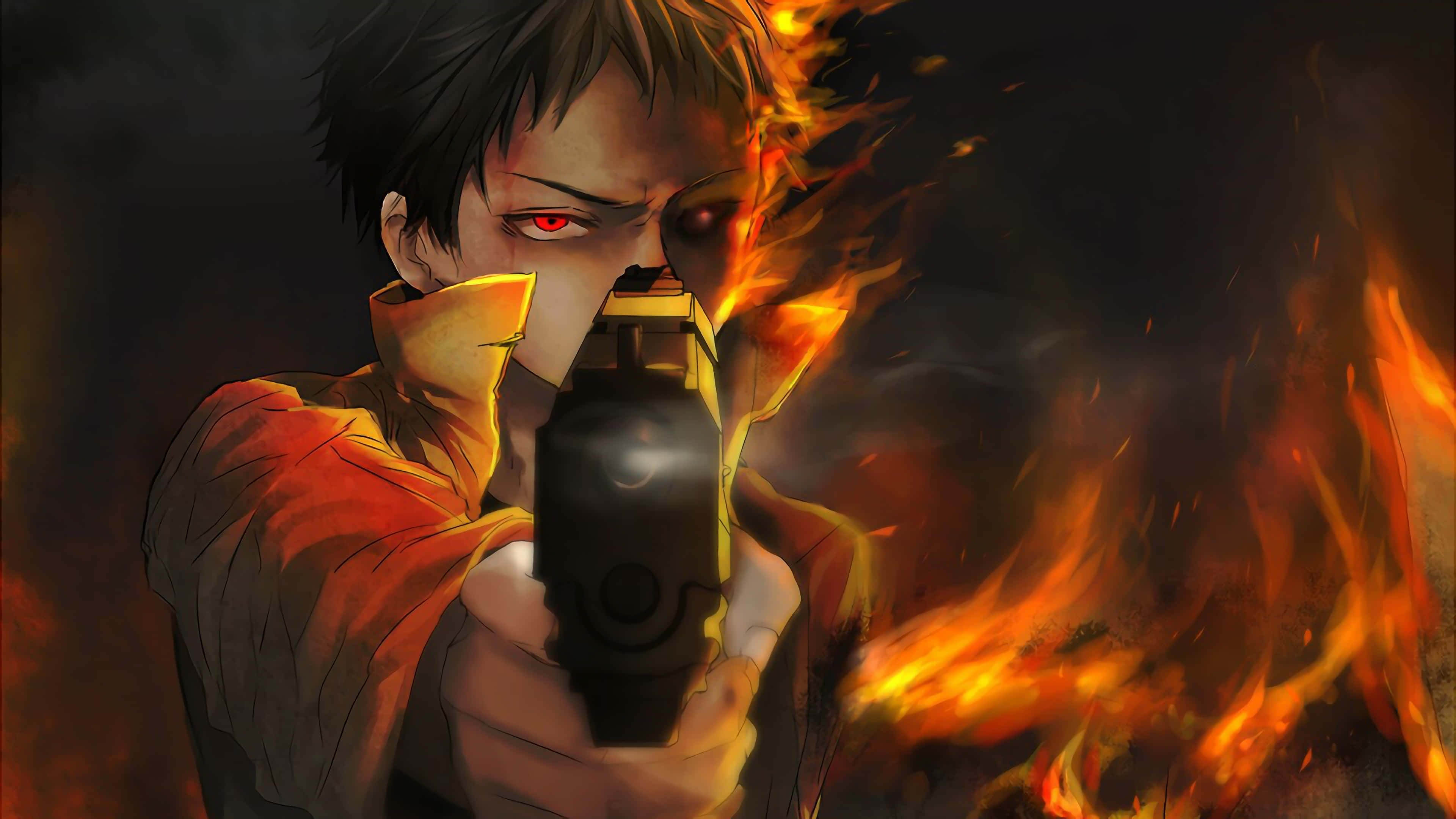 Zombieman, red eyes, gun, 4K Desktop Wallpaper
