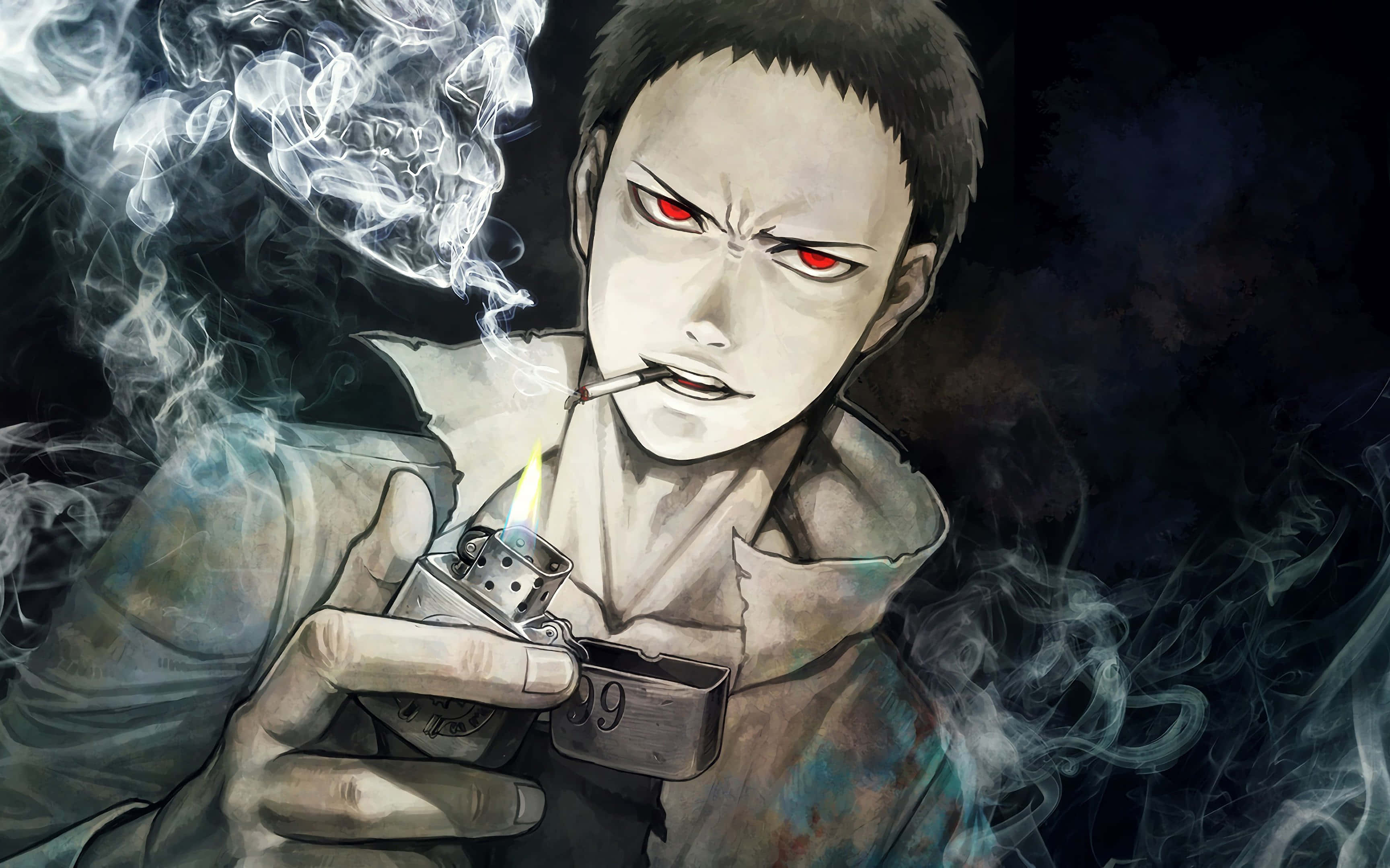 Zombieman, red eyes, cigarette, 2K Desktop Wallpaper