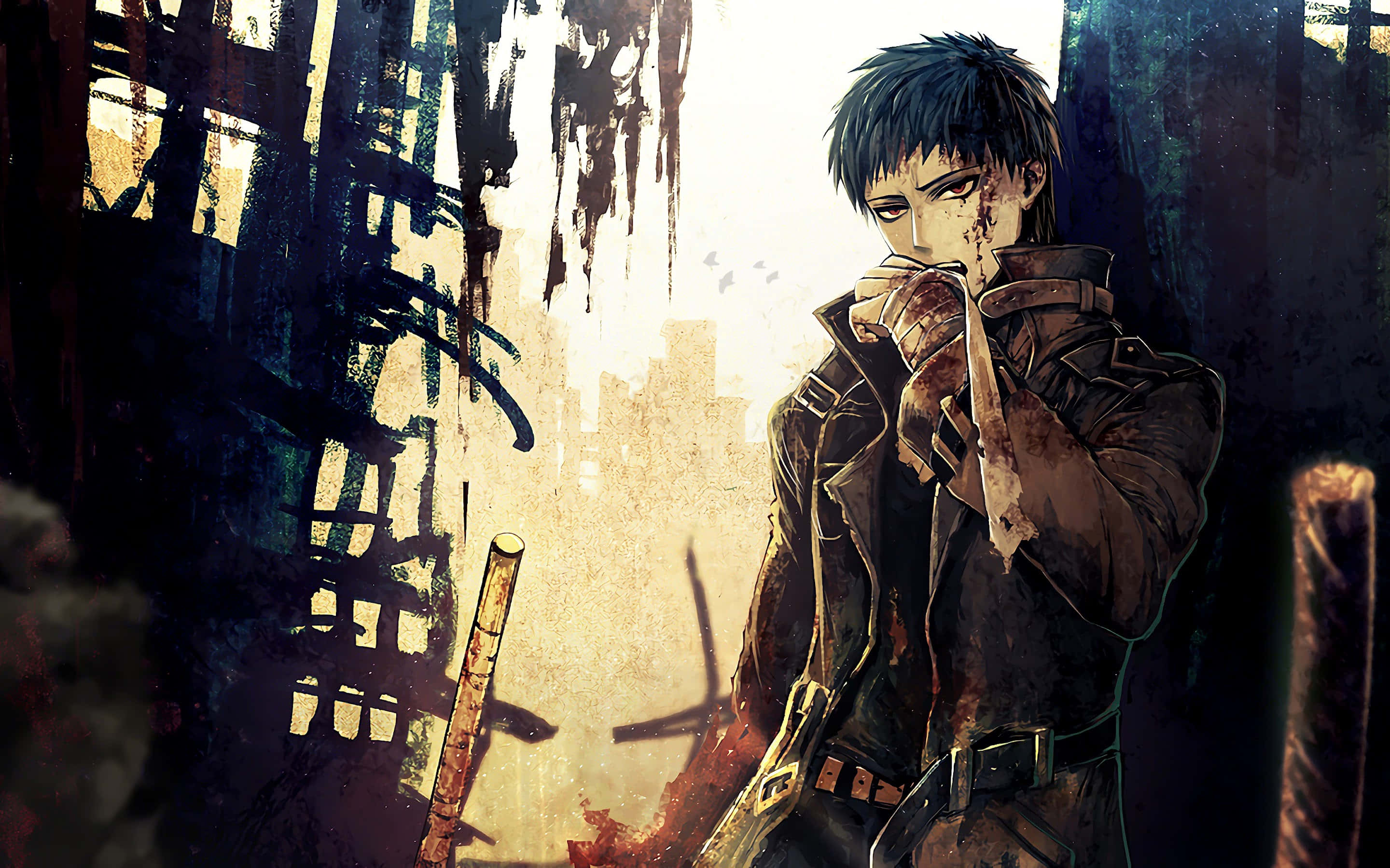 Zombieman, anime warrior, ruined urban alley, 2K Desktop Wallpaper