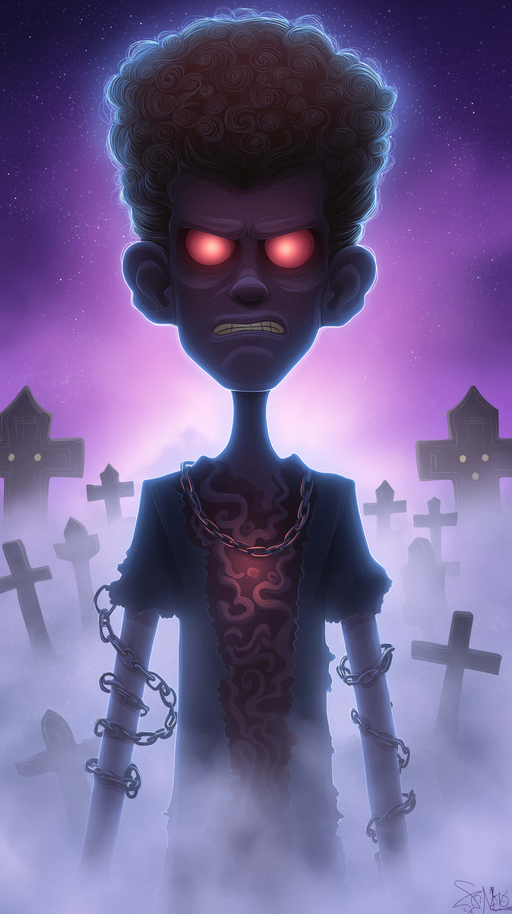 zombie-like boy, glowing red eyes, chains, 2K Phone Wallpaper