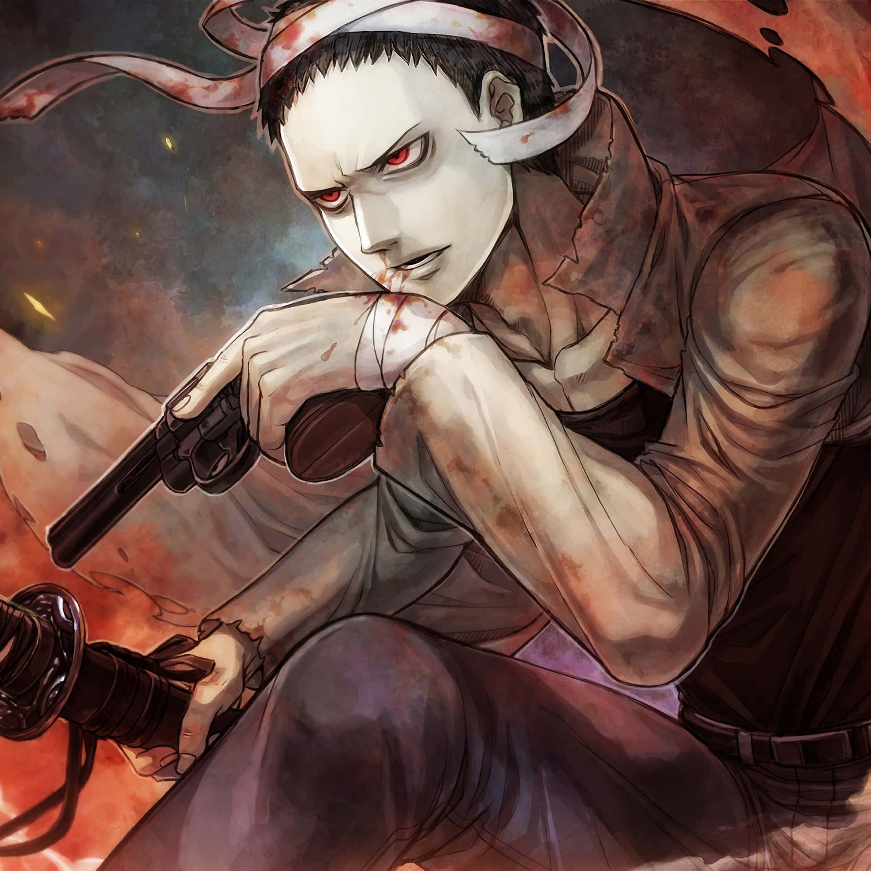 Zombieman, red eyes, pistol, HD Desktop Wallpaper