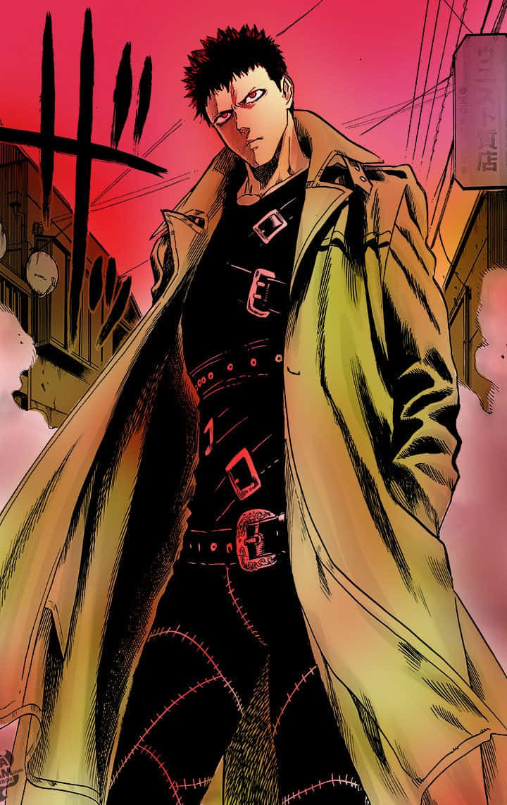Zombieman, trench coat, blood-red urban backdrop, SD Phone Wallpaper