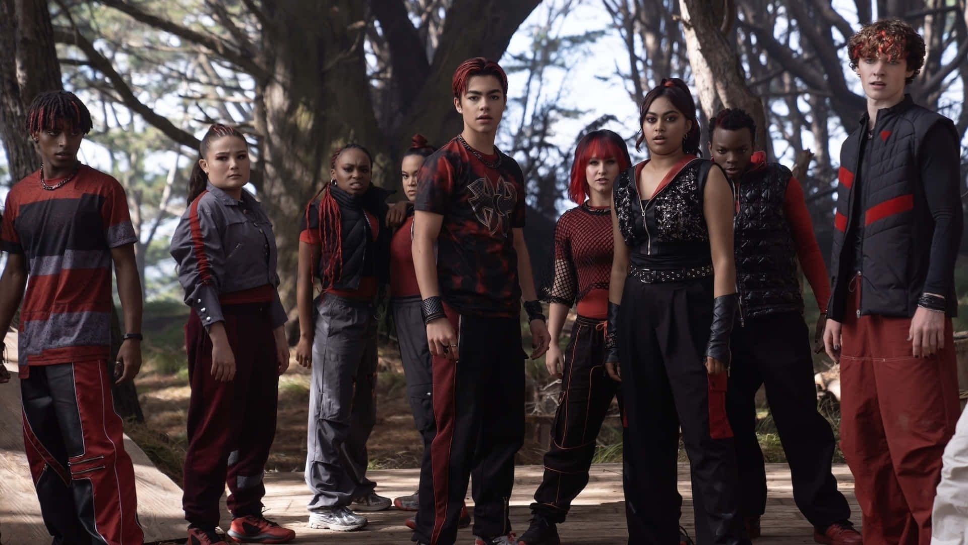 Zombies 4, red black and gray streetwear, sunlit forest clearing, Full HD Desktop Wallpaper