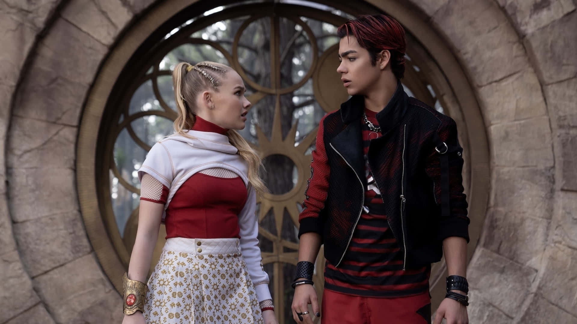 Zombies 4, red and white outfits, ornate stone archway, Full HD Desktop Wallpaper