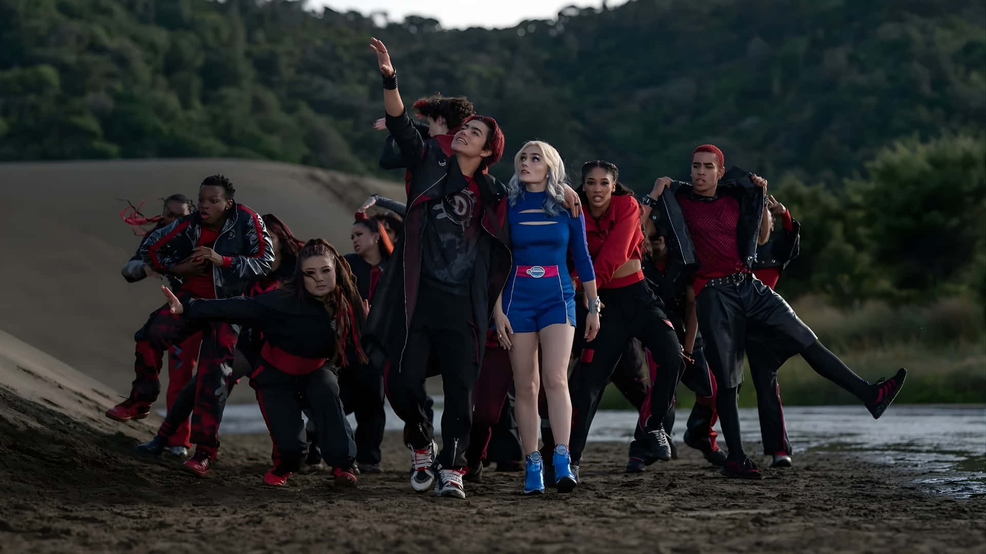Zombies 4, red black and blue costumes, riverbank, Full HD Desktop Wallpaper