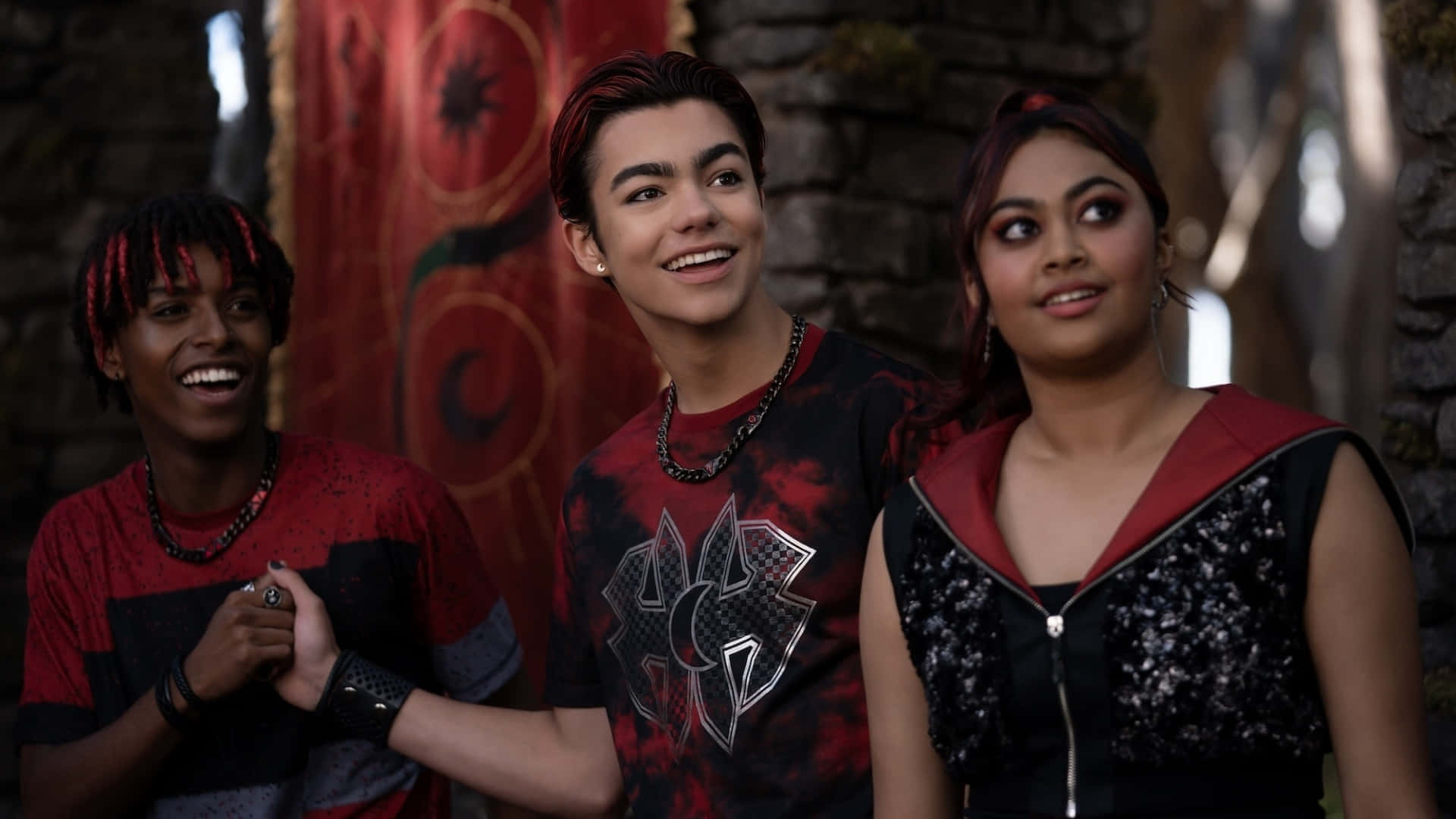 Zombies 4, red and black outfits, stone wall, Full HD Desktop Wallpaper