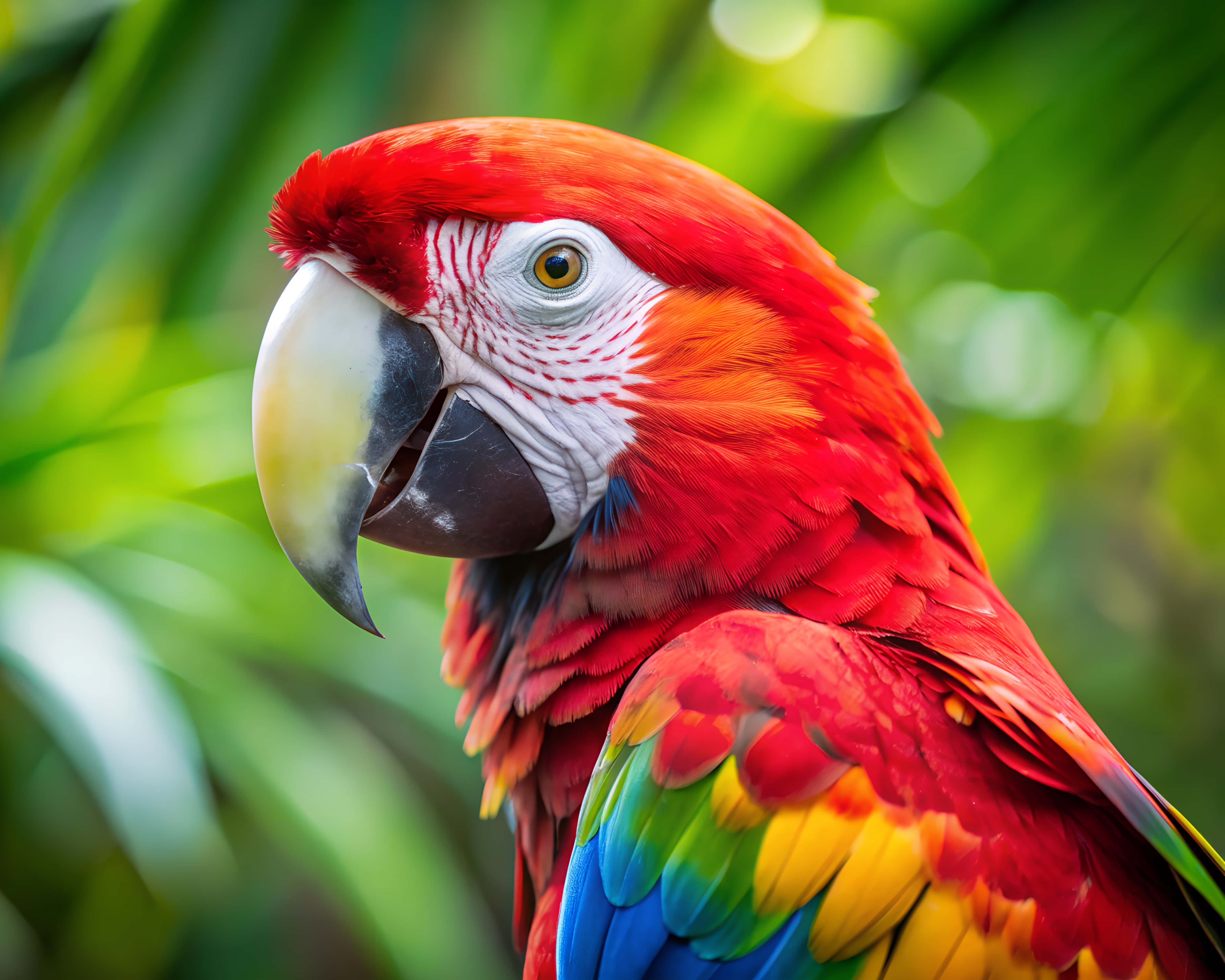 scarlet macaw, curved beak, colorful feathers, 4K Desktop Wallpaper