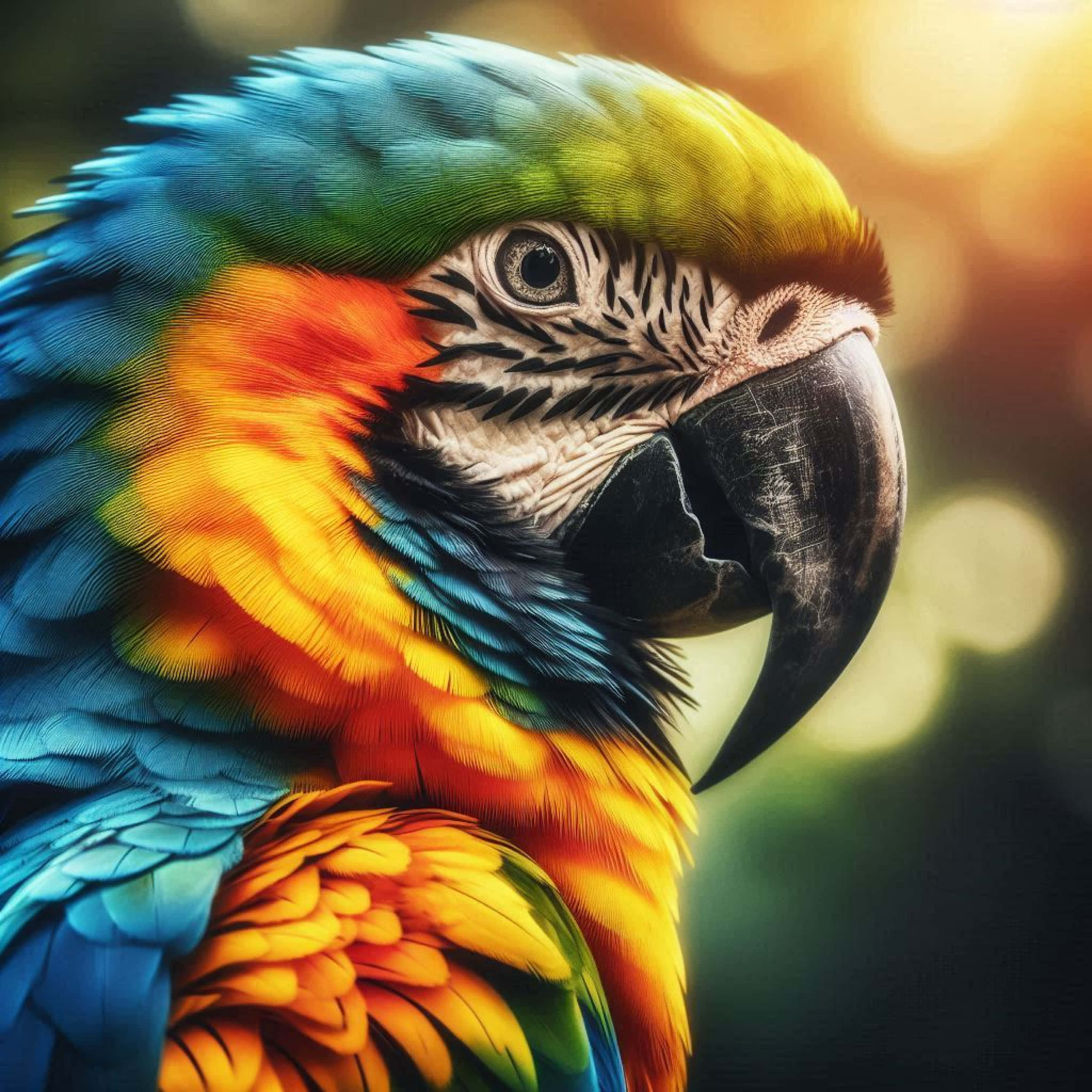 blue and yellow macaw, blue green yellow and orange feathers, warm bokeh background, 2K Desktop Wallpaper