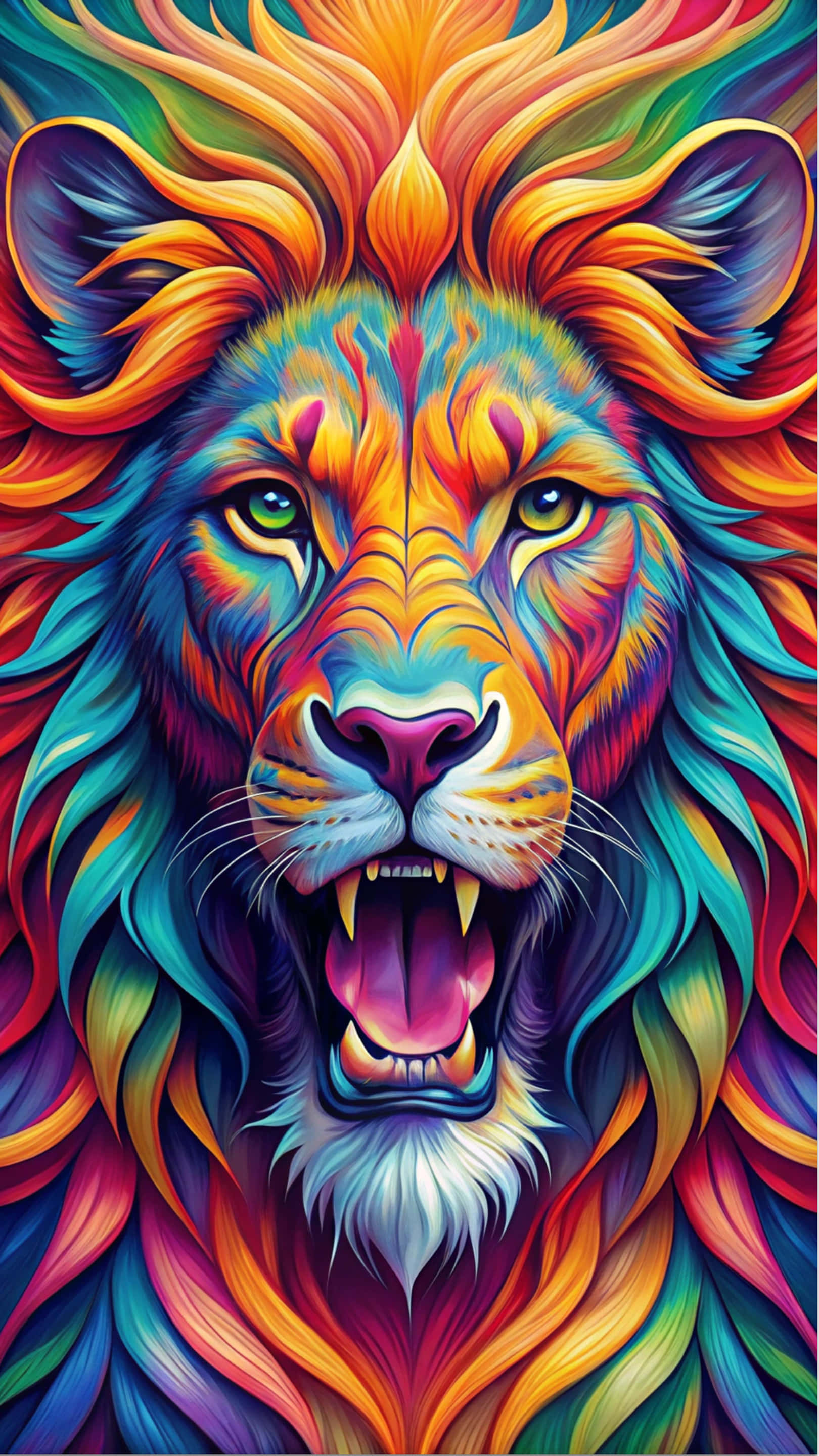lion, rainbow-colored, fierce eyes, 2K Phone Wallpaper
