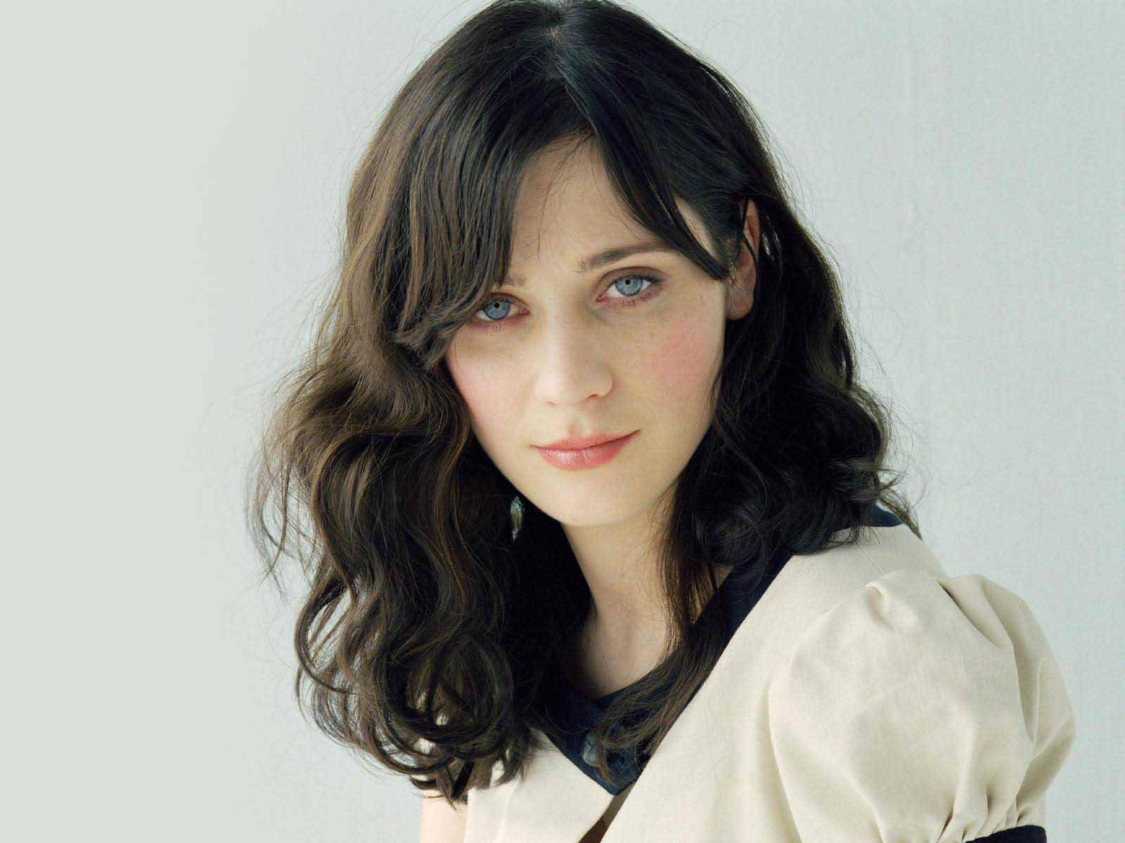 Zooey Deschanel, white aesthetic, wavy dark hair, HD Desktop Wallpaper