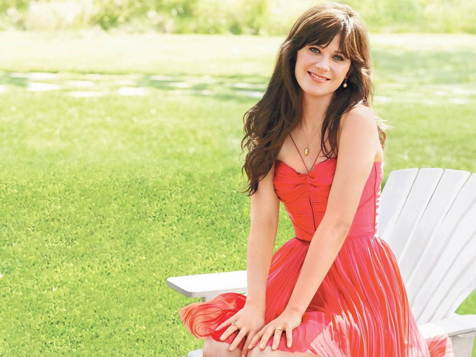 Zooey Deschanel, red aesthetic dress, white Adirondack chair, HD Desktop Wallpaper