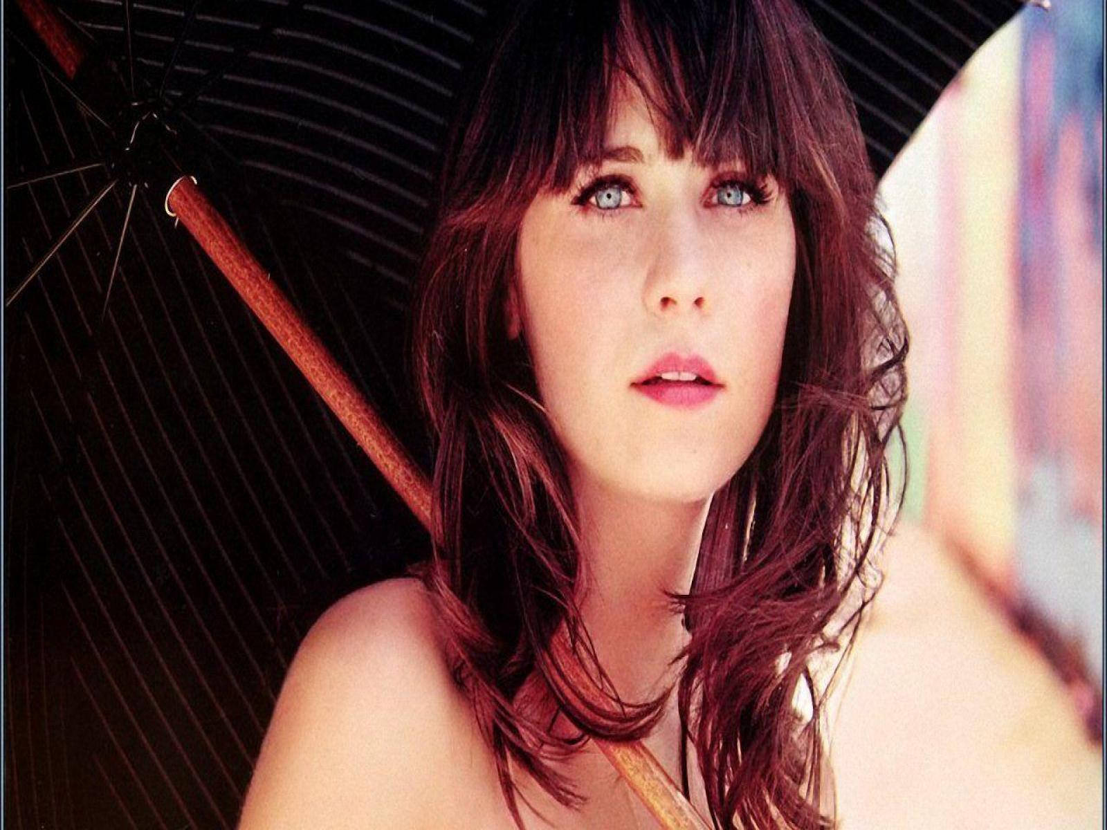 Zooey Deschanel, black umbrella, blue eyes, HD Desktop Wallpaper