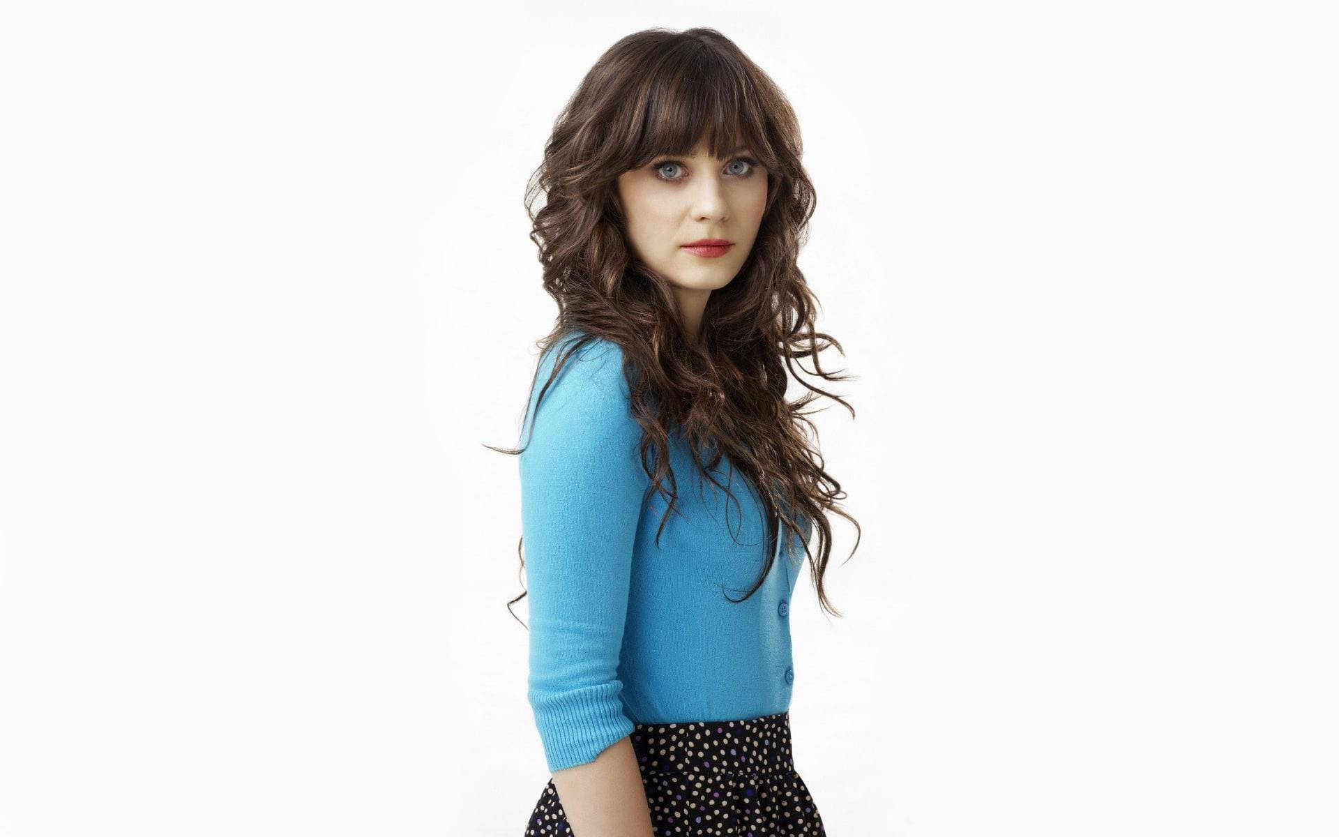 Zooey Deschanel, blue sweater, polka dot skirt, Full HD Desktop Wallpaper