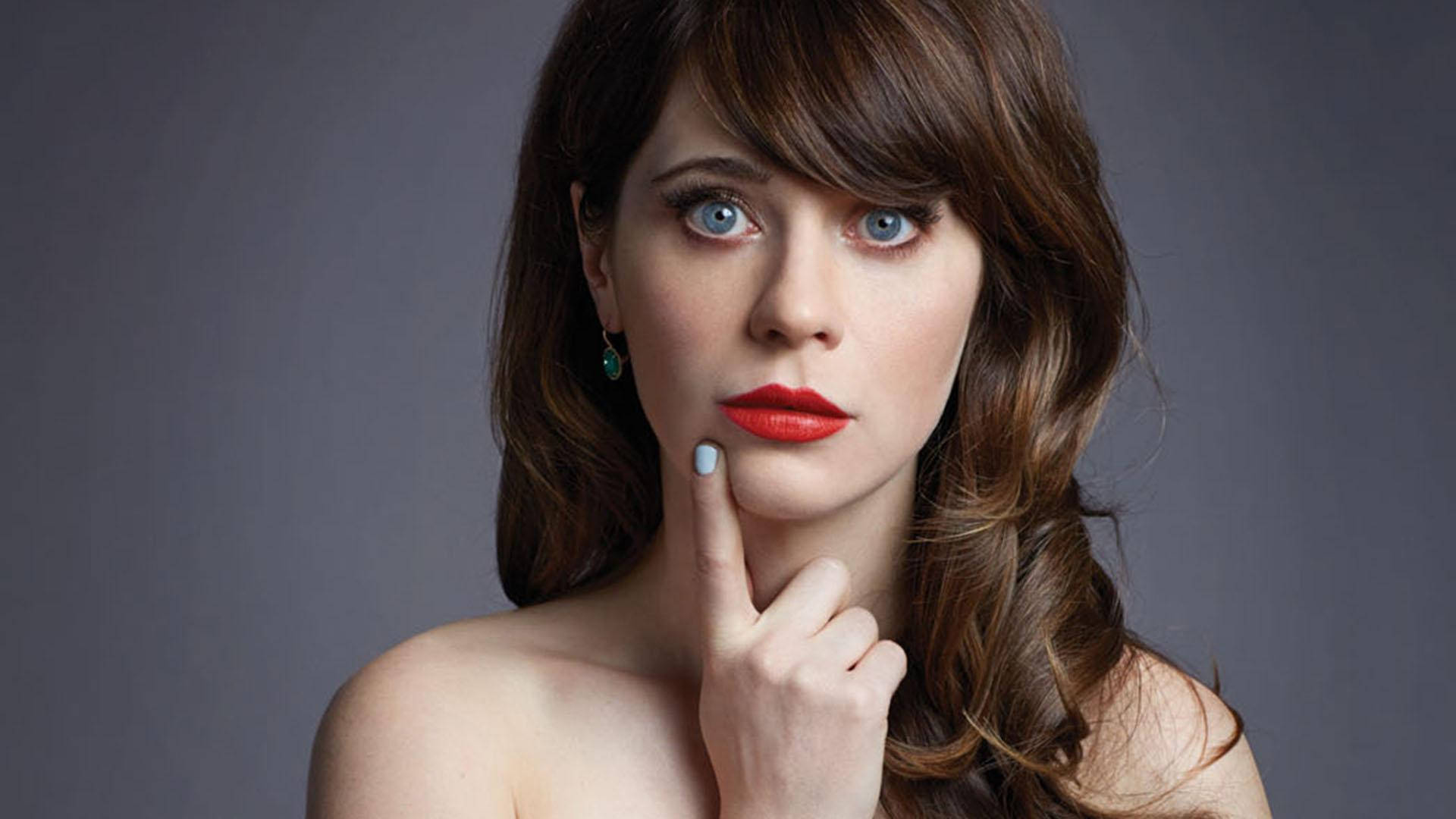 Zooey Deschanel, red lipstick, blue eyes, Full HD Desktop Wallpaper