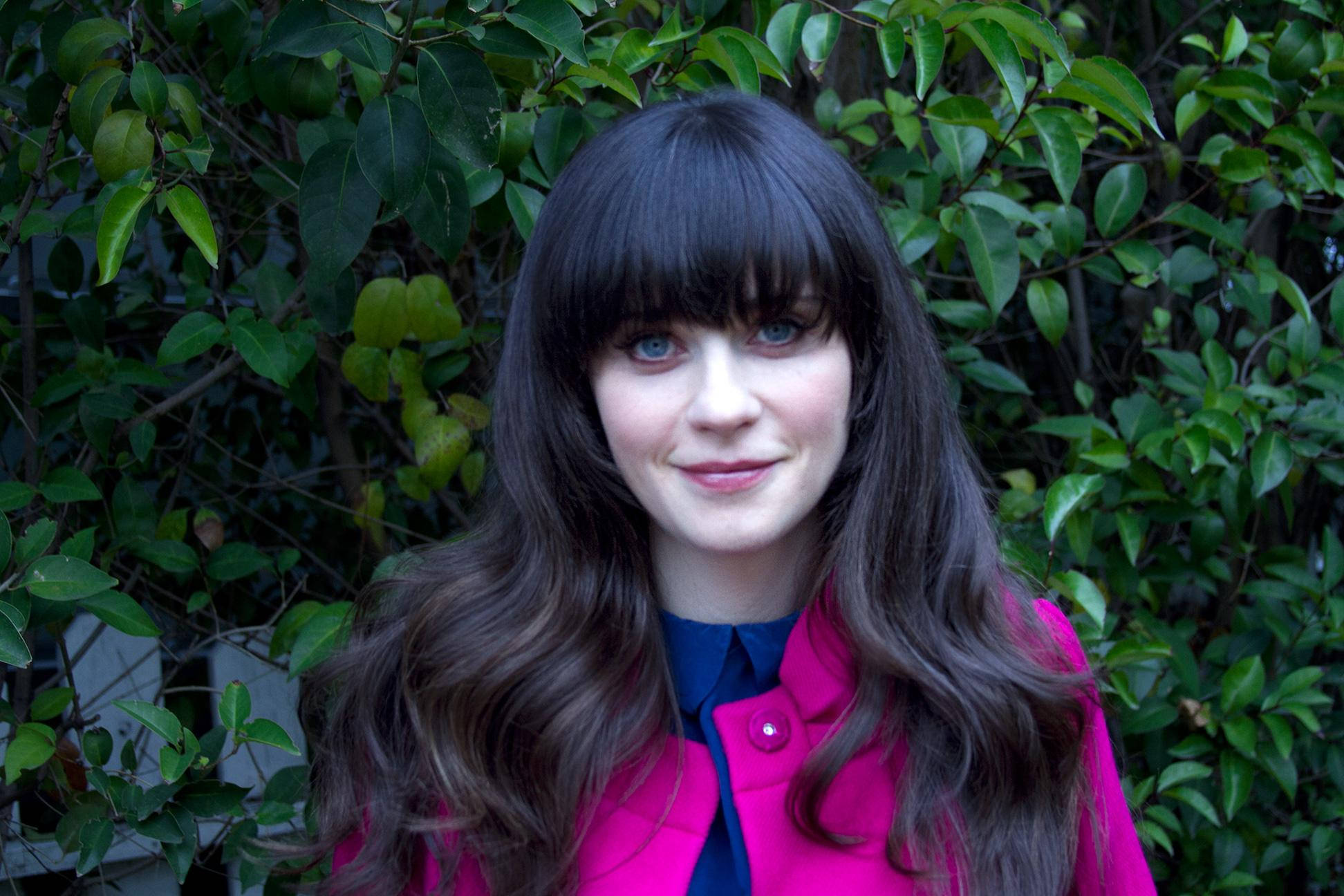 Zooey Deschanel, pink coat, blue outfit, Full HD Desktop Wallpaper