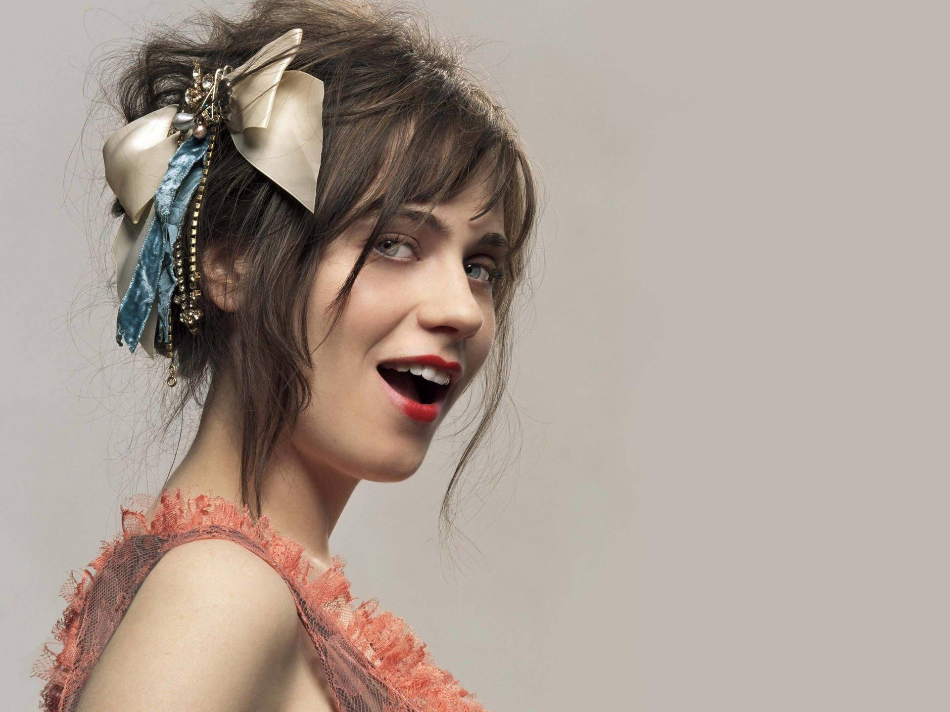 Zooey Deschanel, cream and blue bow, coral lace top, Full HD Desktop Wallpaper