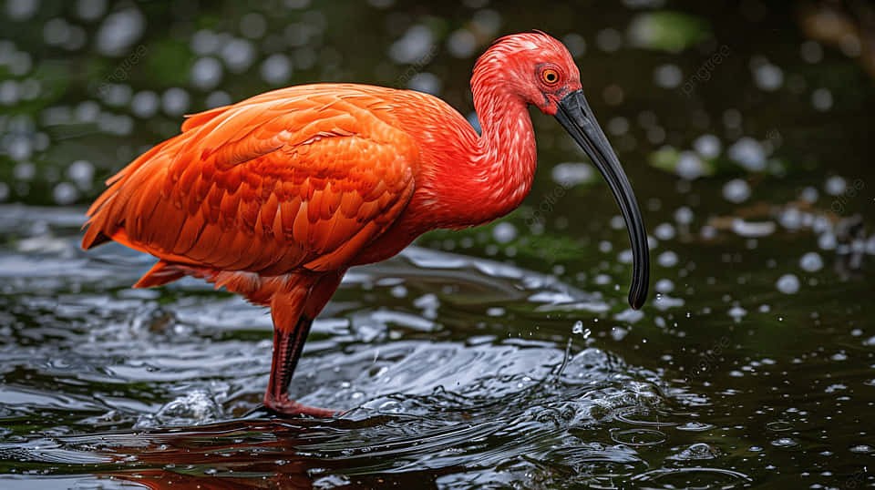 scarlet ibis, dark water, long curved beak, SD Desktop Wallpaper