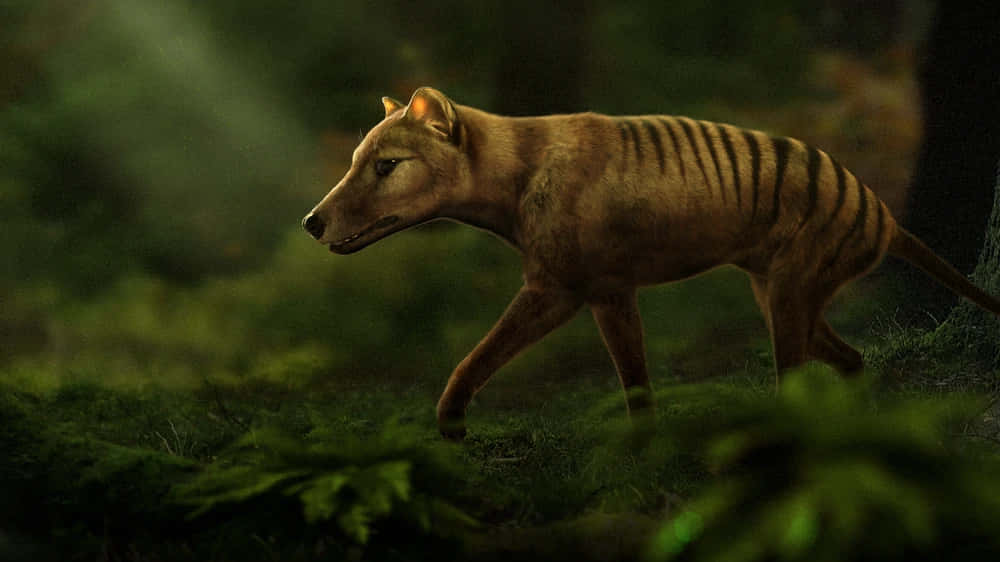 thylacine, mossy forest floor, soft golden light, SD Desktop Wallpaper