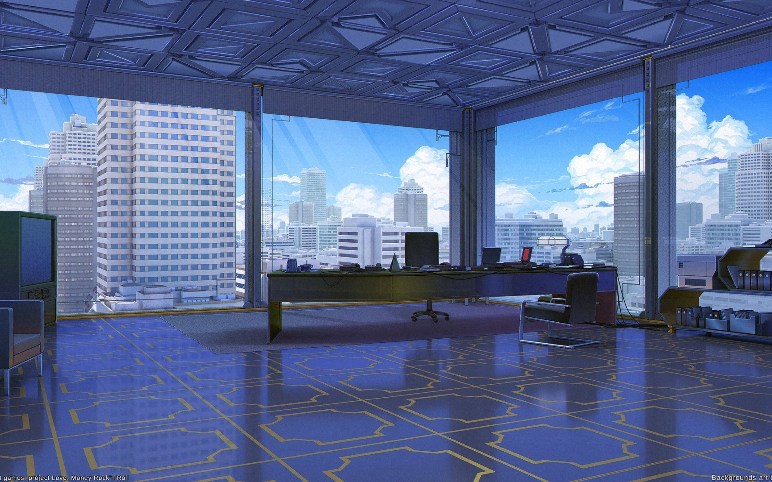 futuristic office, blue geometric floors, bright cityscape, 2K Desktop Wallpaper