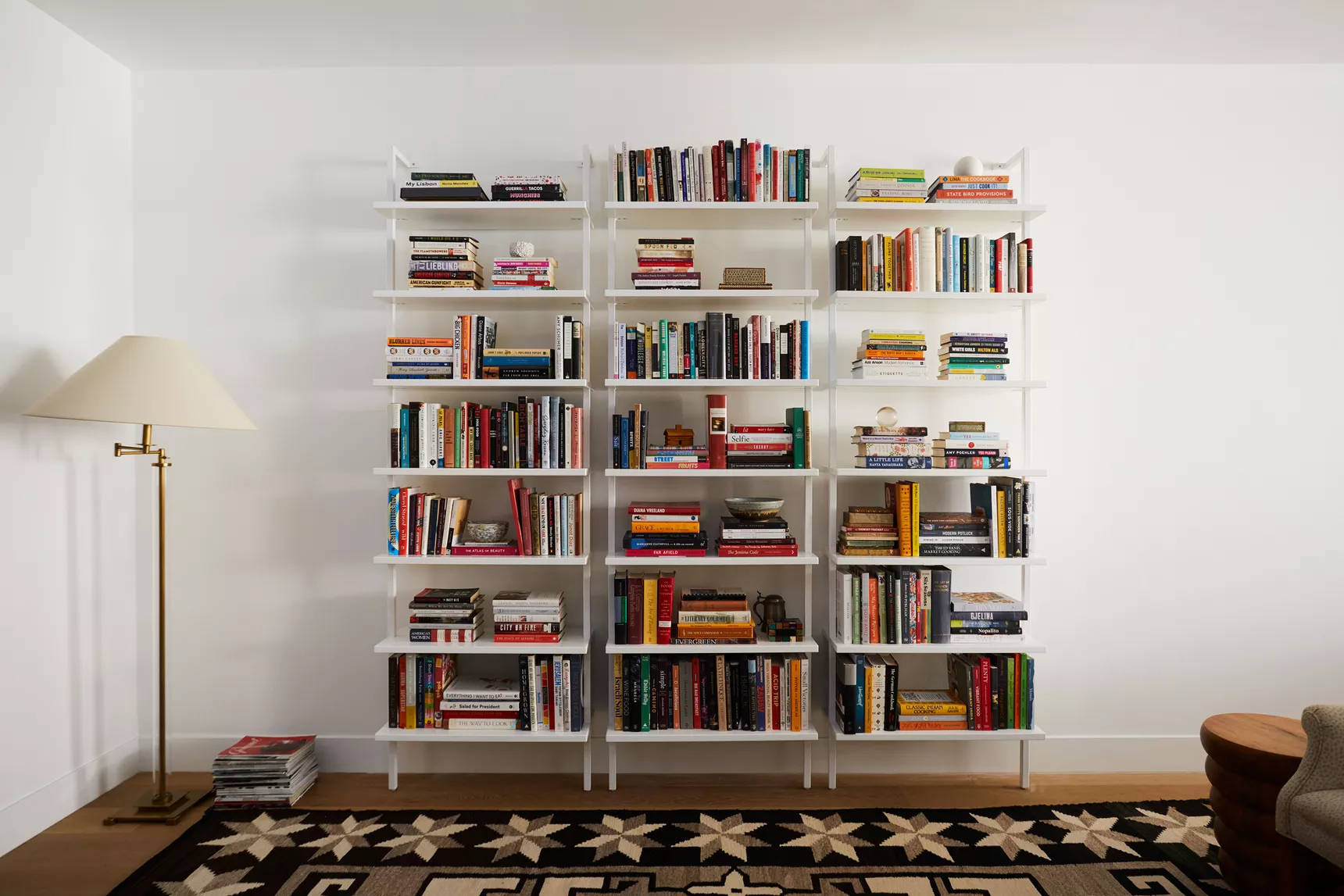 minimalist white bookshelf, colorful books, plain wall, HD Desktop Wallpaper