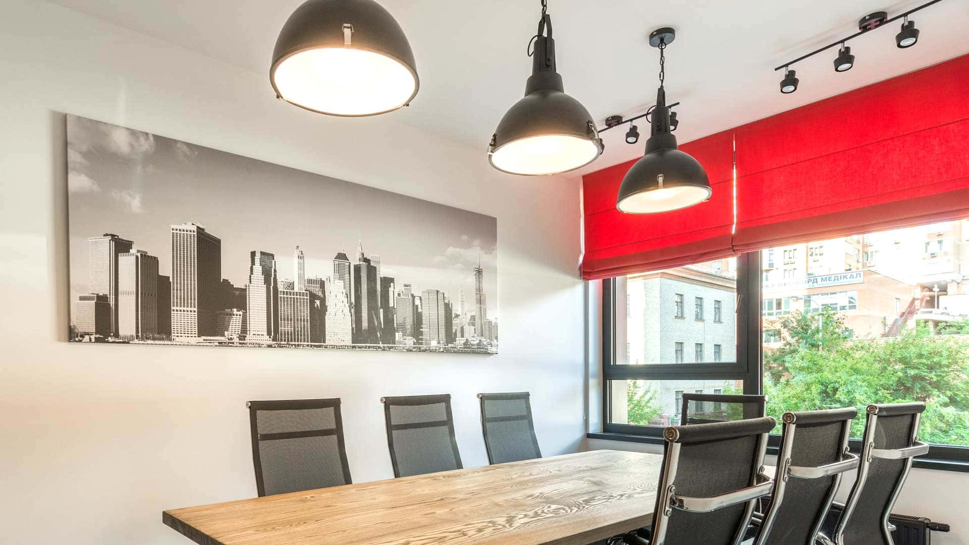 Meeting Room Teams Background, wooden table, black chairs, Full HD Desktop Wallpaper