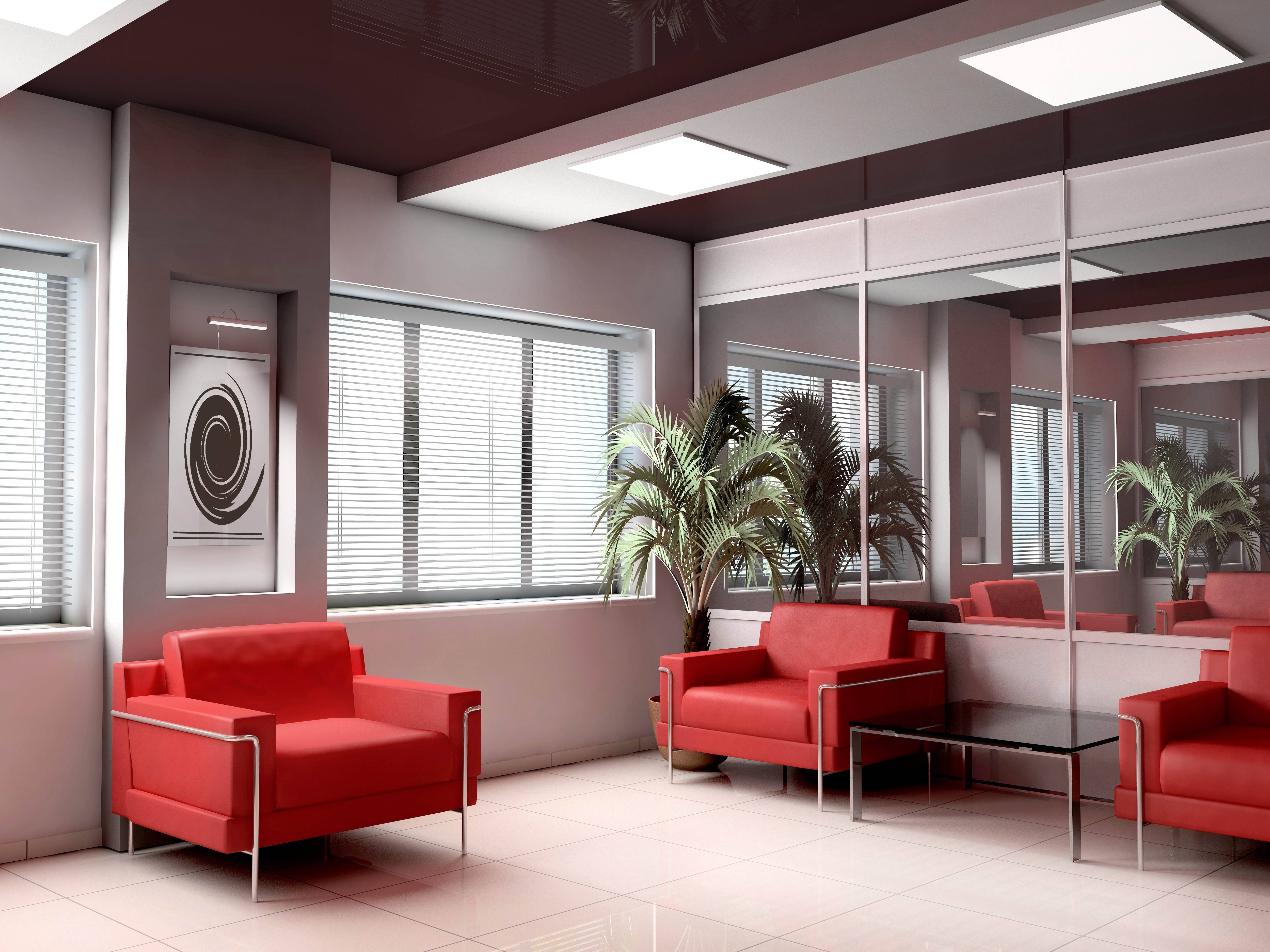 Zoom Background Office, modern minimalist lobby, bold red armchairs, 4K Desktop Wallpaper