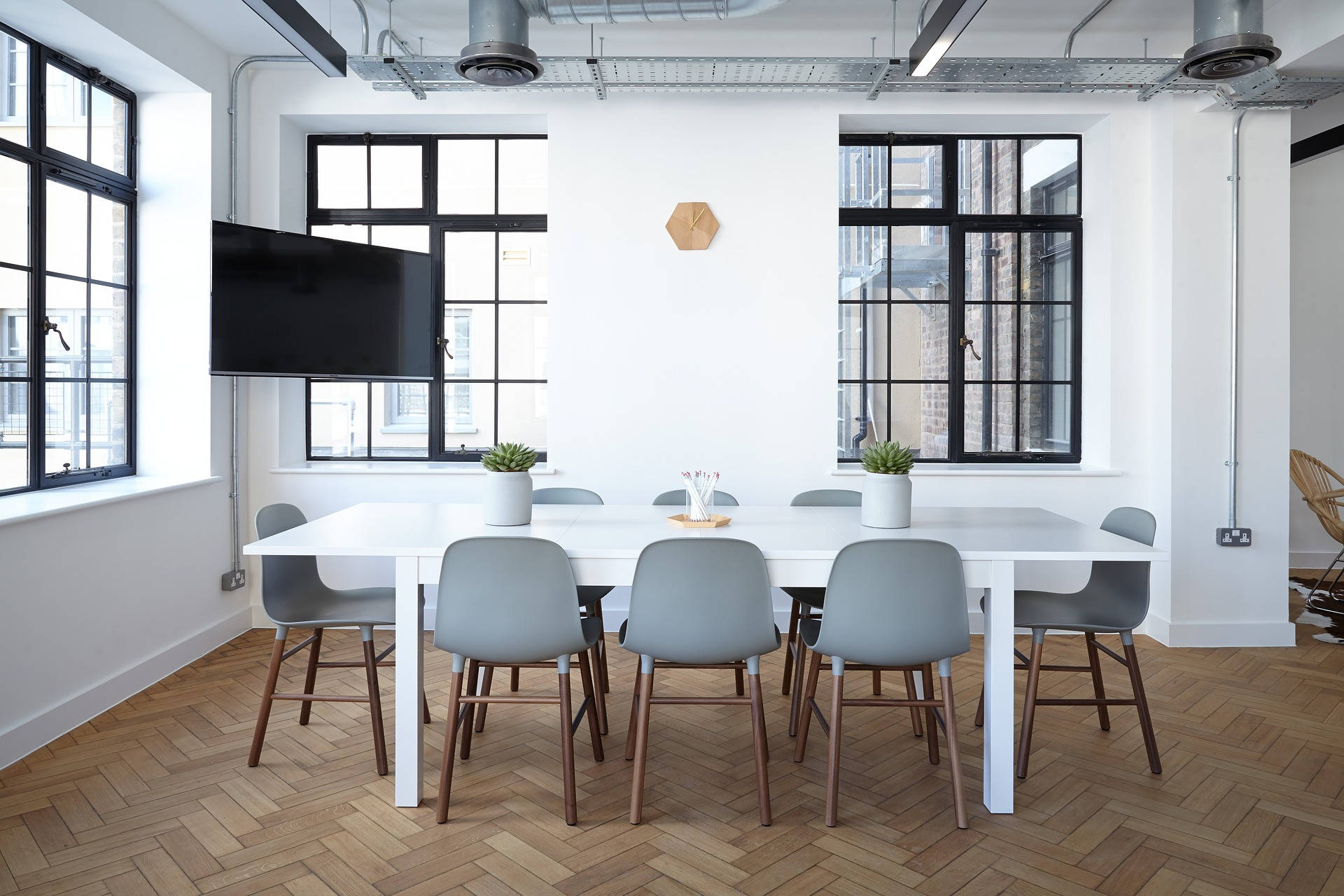 modern minimalist conference room, white table, gray chairs, Full HD Desktop Wallpaper