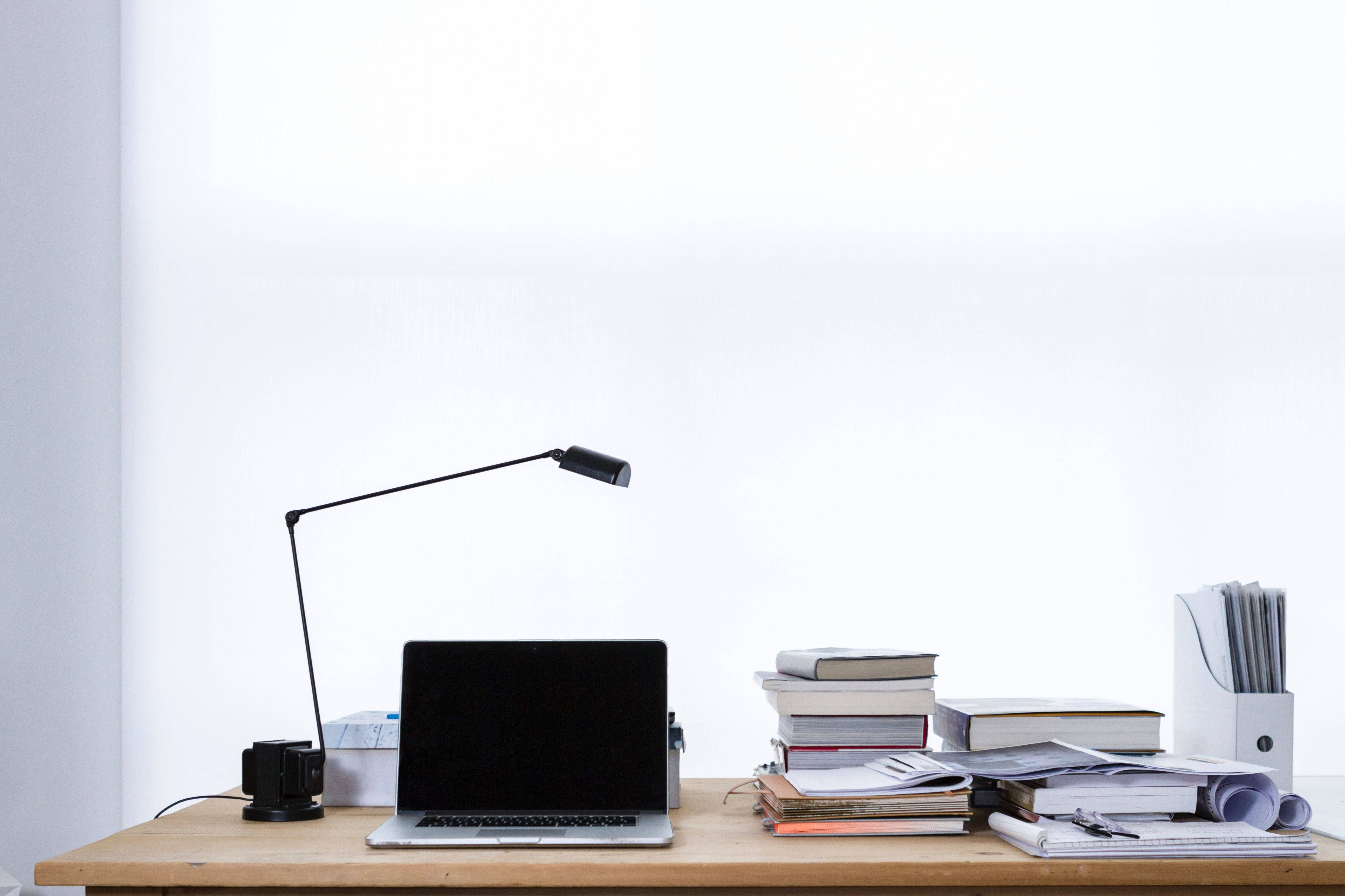 wooden desk, laptop, black lamp, 5K Desktop Wallpaper