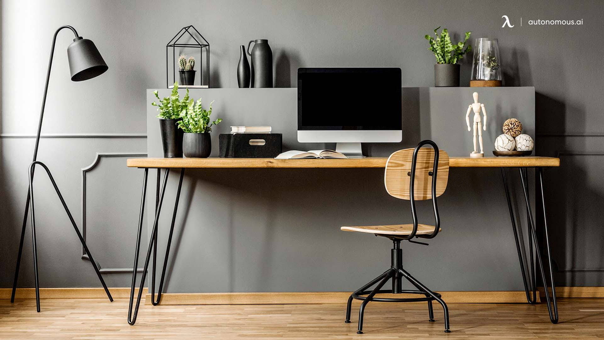 wooden desk, black metal legs, sleek chair, Full HD Desktop Wallpaper