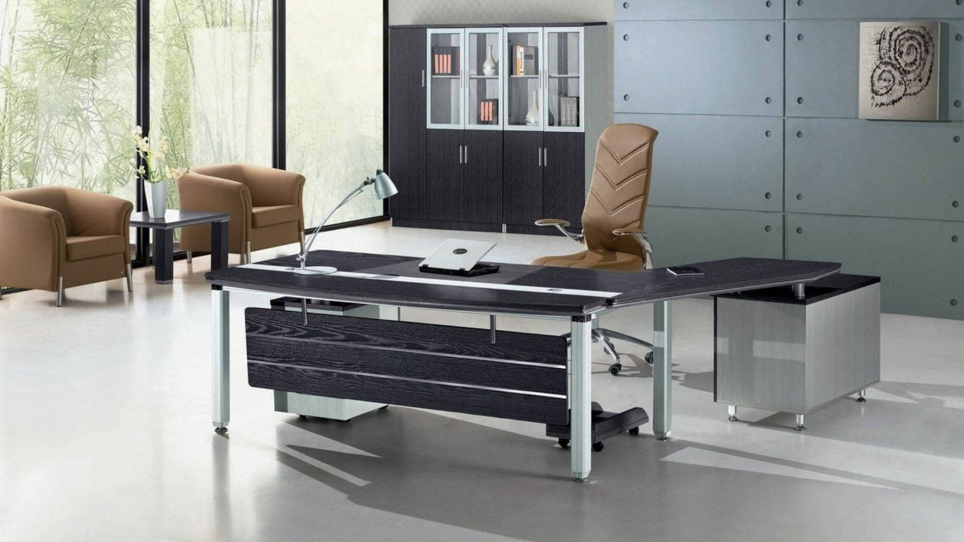 sleek black desk, tan leather chair, large windows, Full HD Desktop Wallpaper