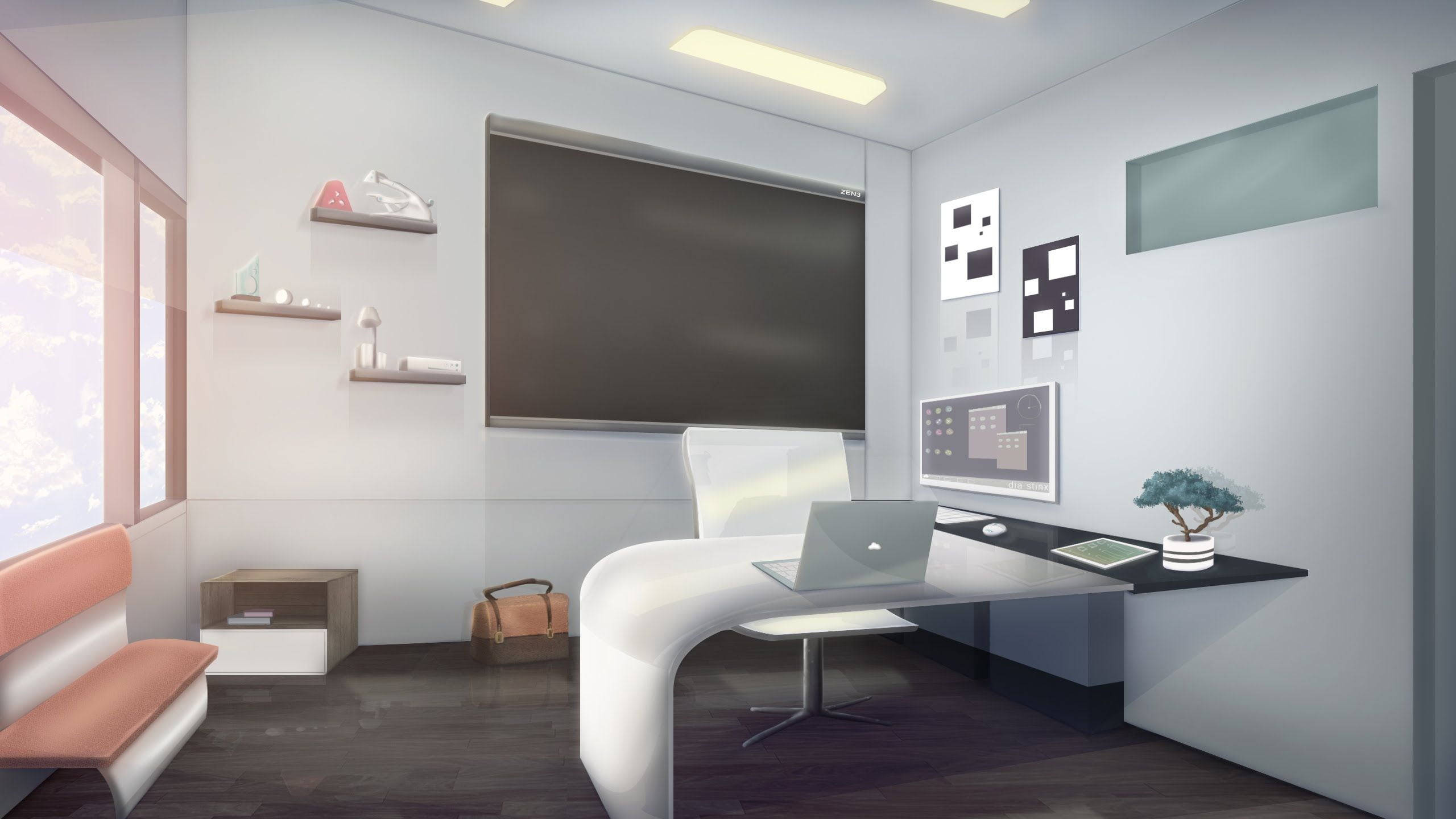 minimalist modern office, curved white desk, laptop, 2K Desktop Wallpaper