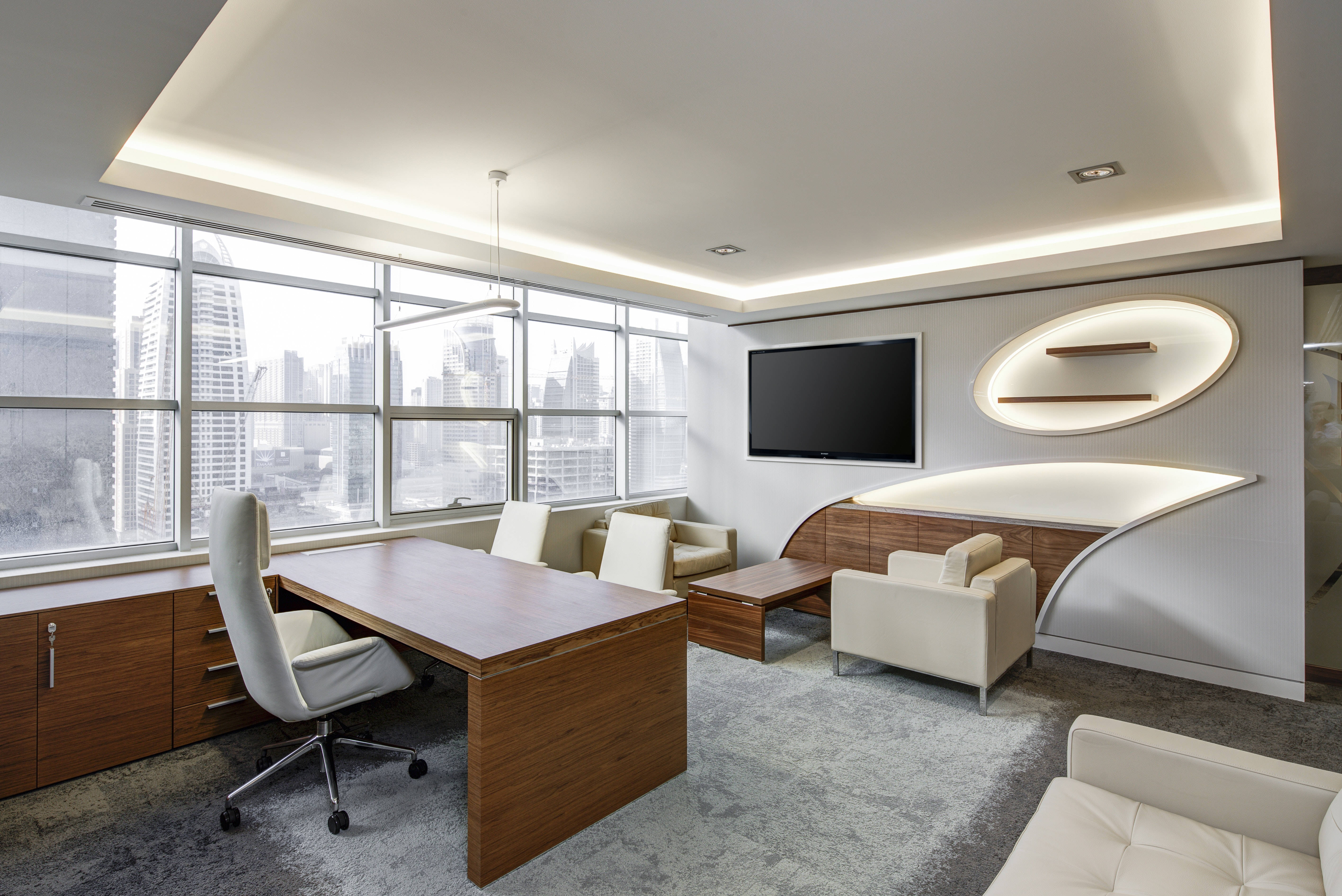 modern executive office, wooden desk, white chairs, 5K Desktop Wallpaper