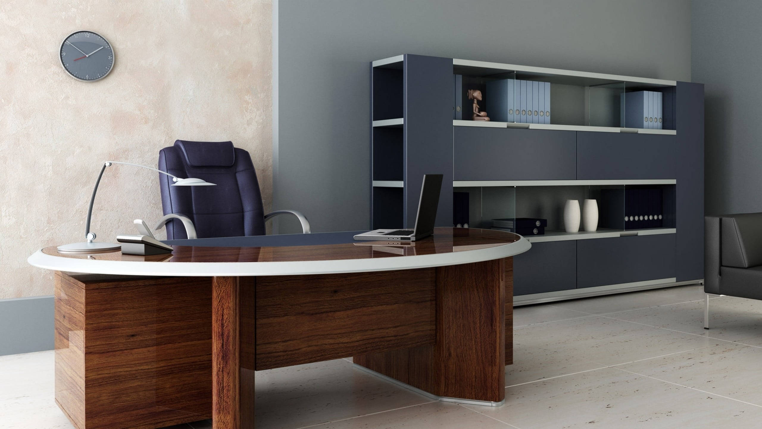 Zoom Background Office, curved wooden desk, dark leather chair, 2K Desktop Wallpaper
