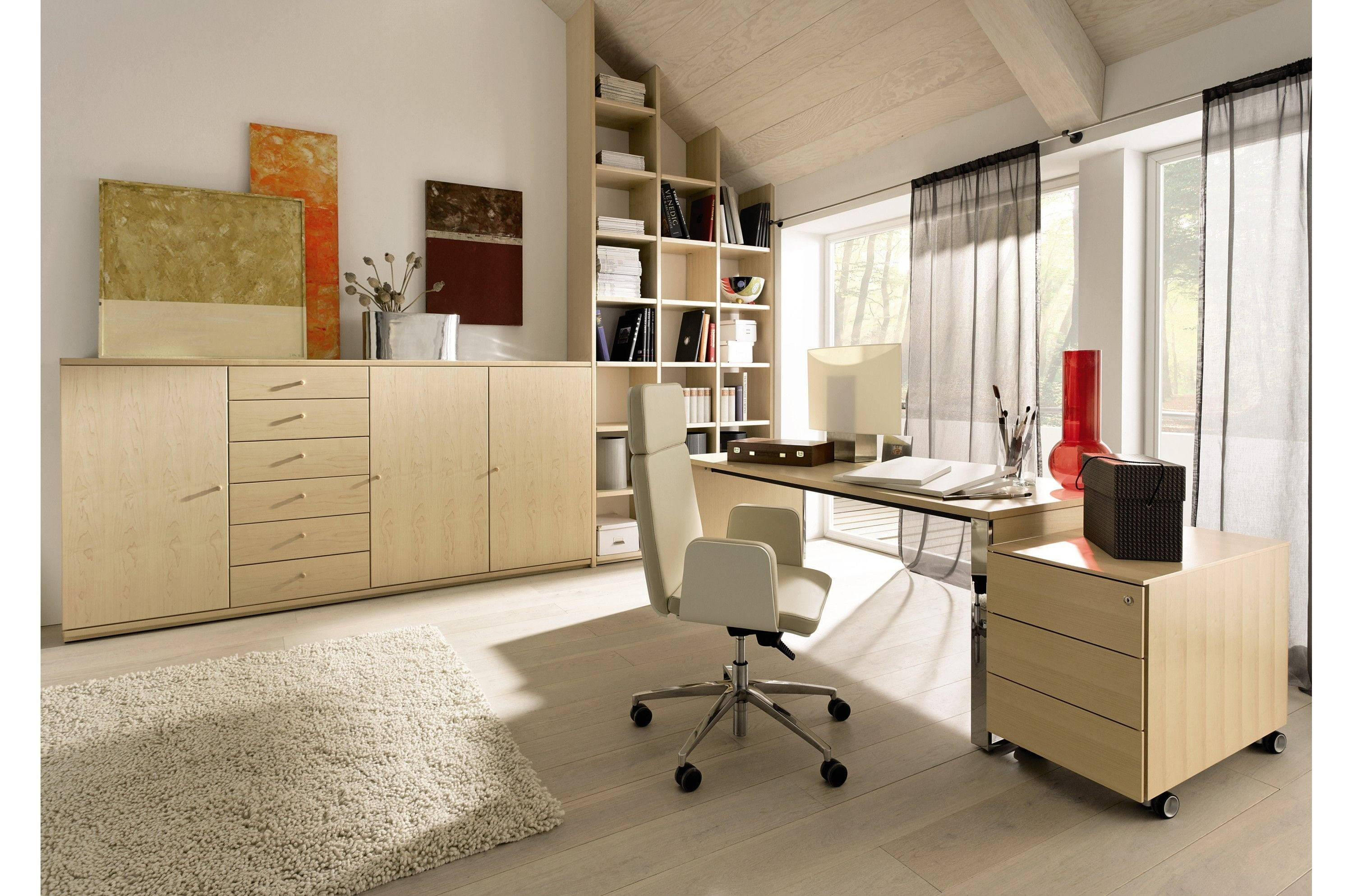 Modern minimalist home office, light wood furniture, large windows, 2K Desktop Wallpaper