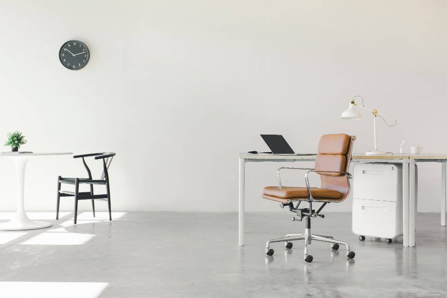 white desk, leather chair, laptop, SD Desktop Wallpaper