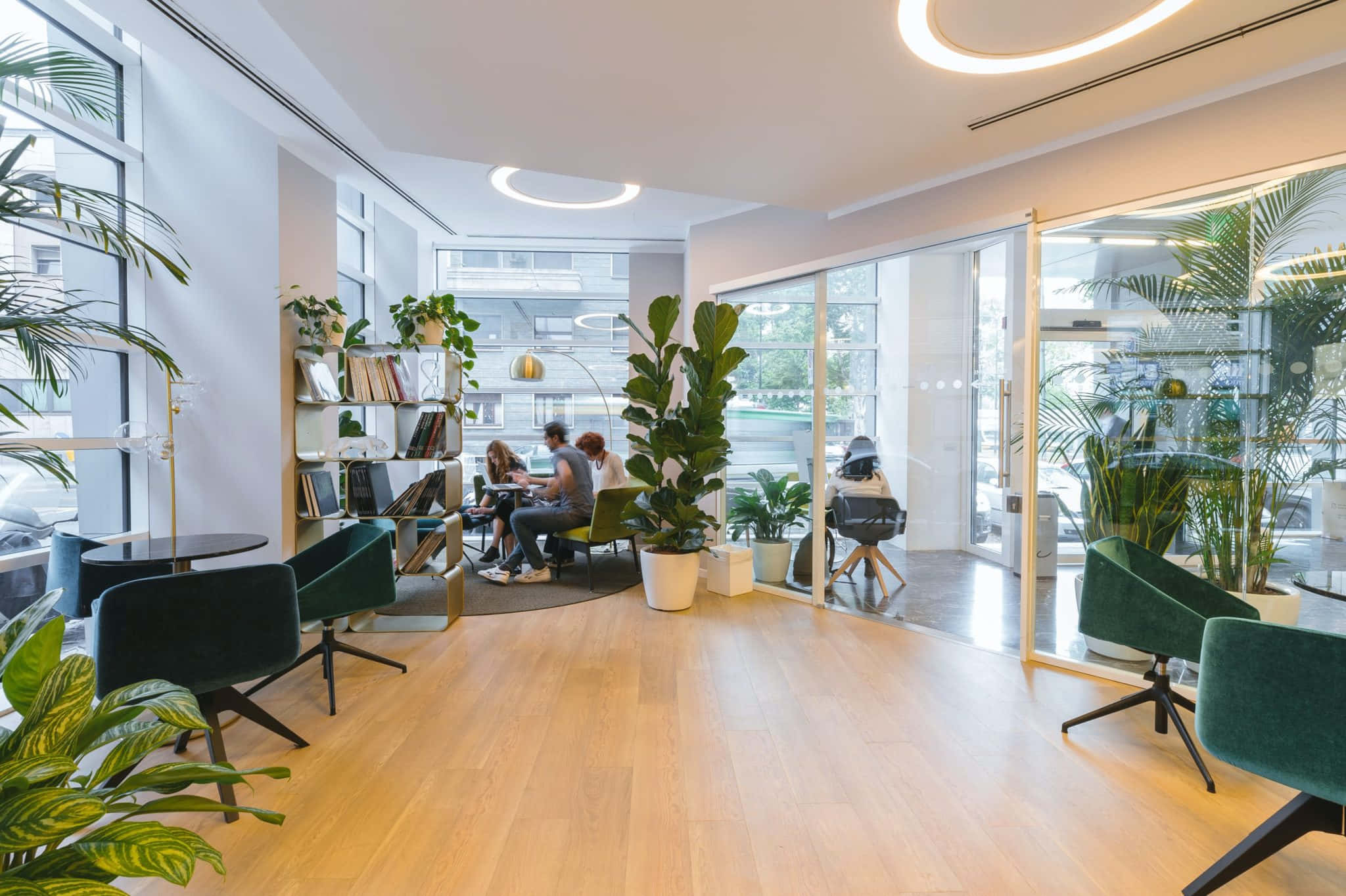 Workspace Teams Background, wooden floors, green chairs, Full HD Desktop Wallpaper