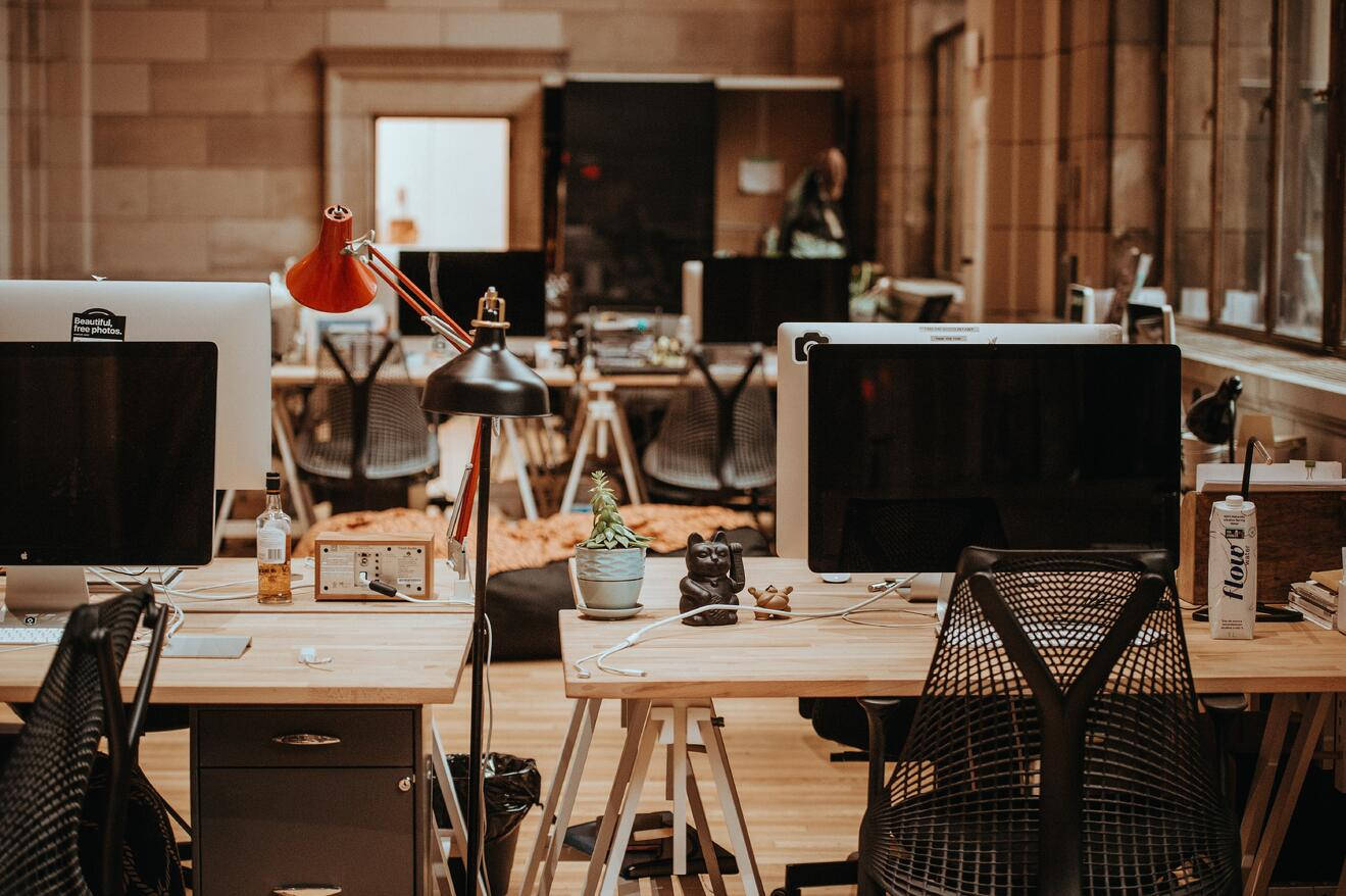 Zoom Background Office, modern office desks, monitors, HD Desktop Wallpaper