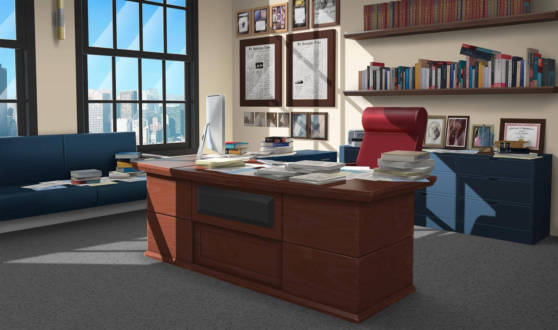 Principal Zoom Background Office, sunlit modern office, wooden desk, Full HD Desktop Wallpaper