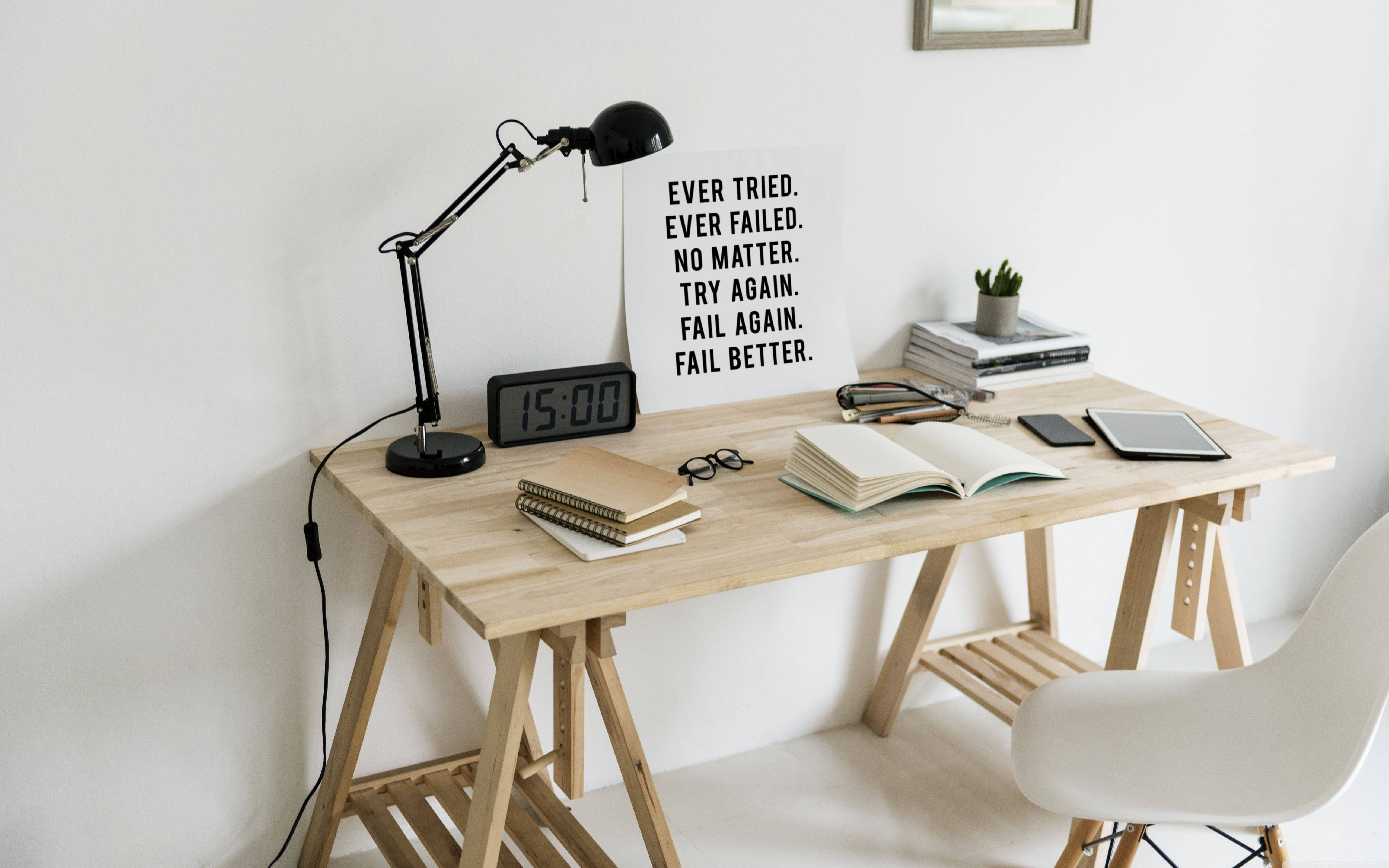 Minimalist wooden desk, black lamp, open book, 5K Desktop Wallpaper