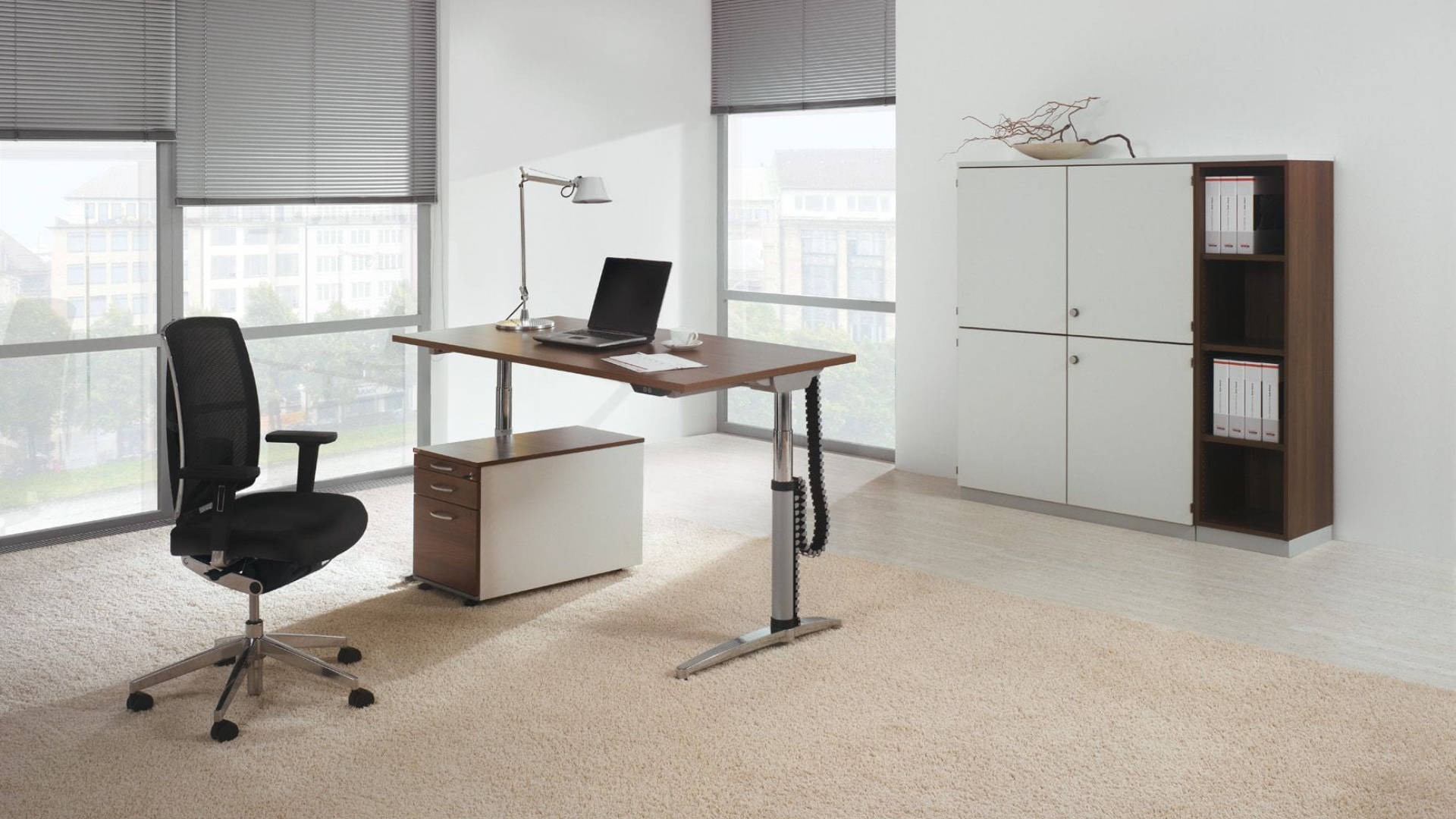 Airy Zoom Background Office, modern home office, adjustable standing desk, Full HD Desktop Wallpaper