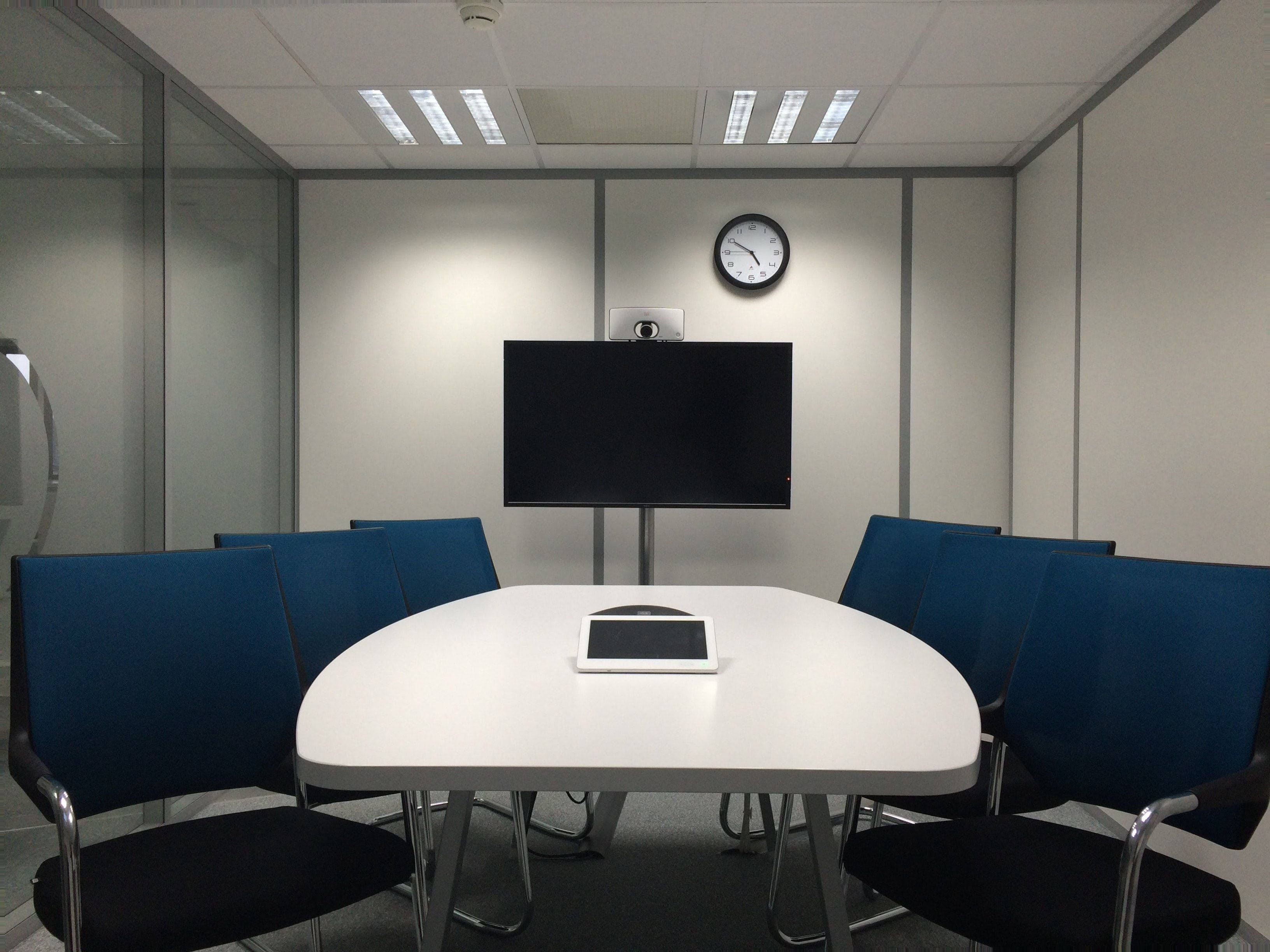 Modern conference room, white table, blue chairs, 2K Desktop Wallpaper