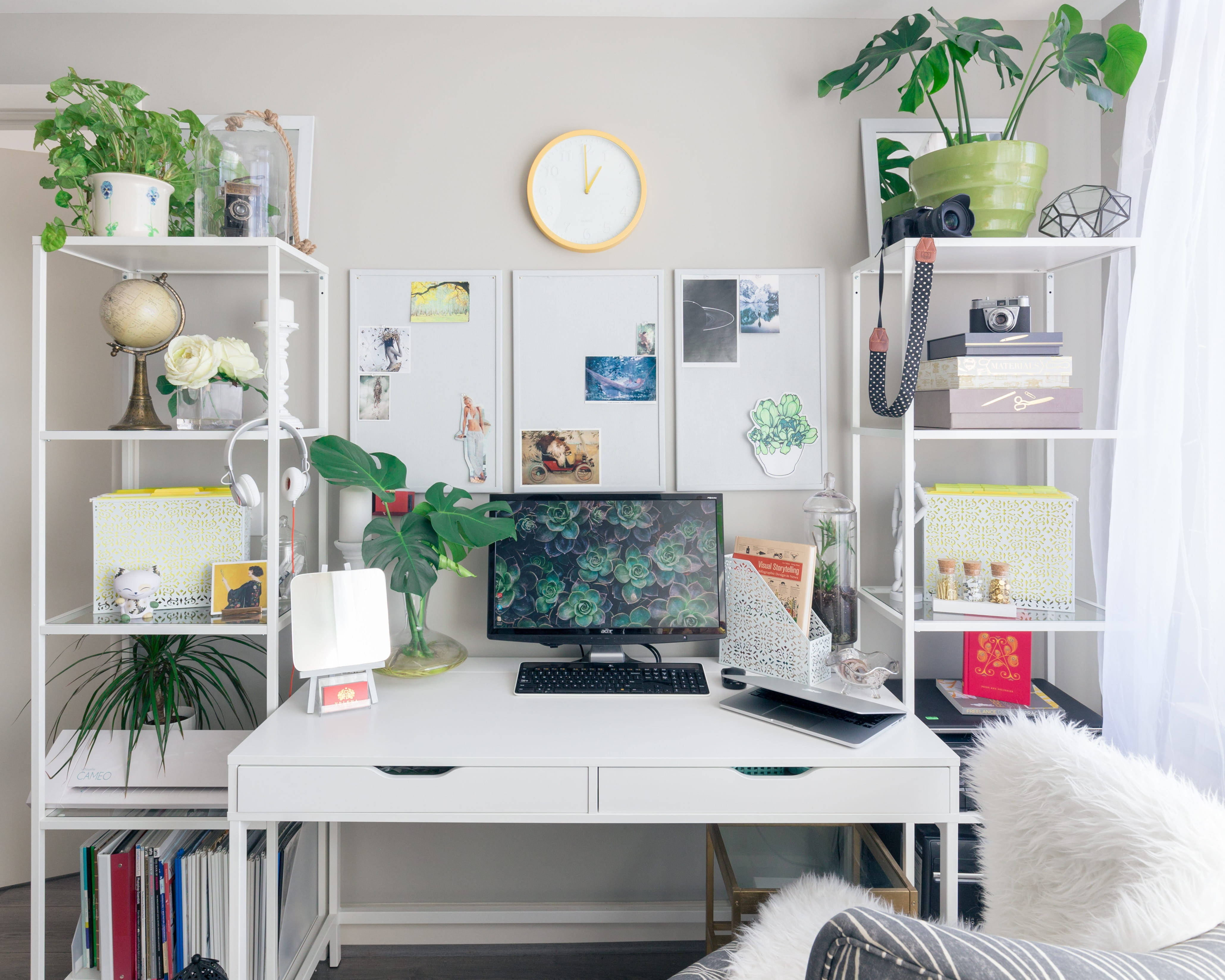 home office, white desk, shelves, 4K Desktop Wallpaper