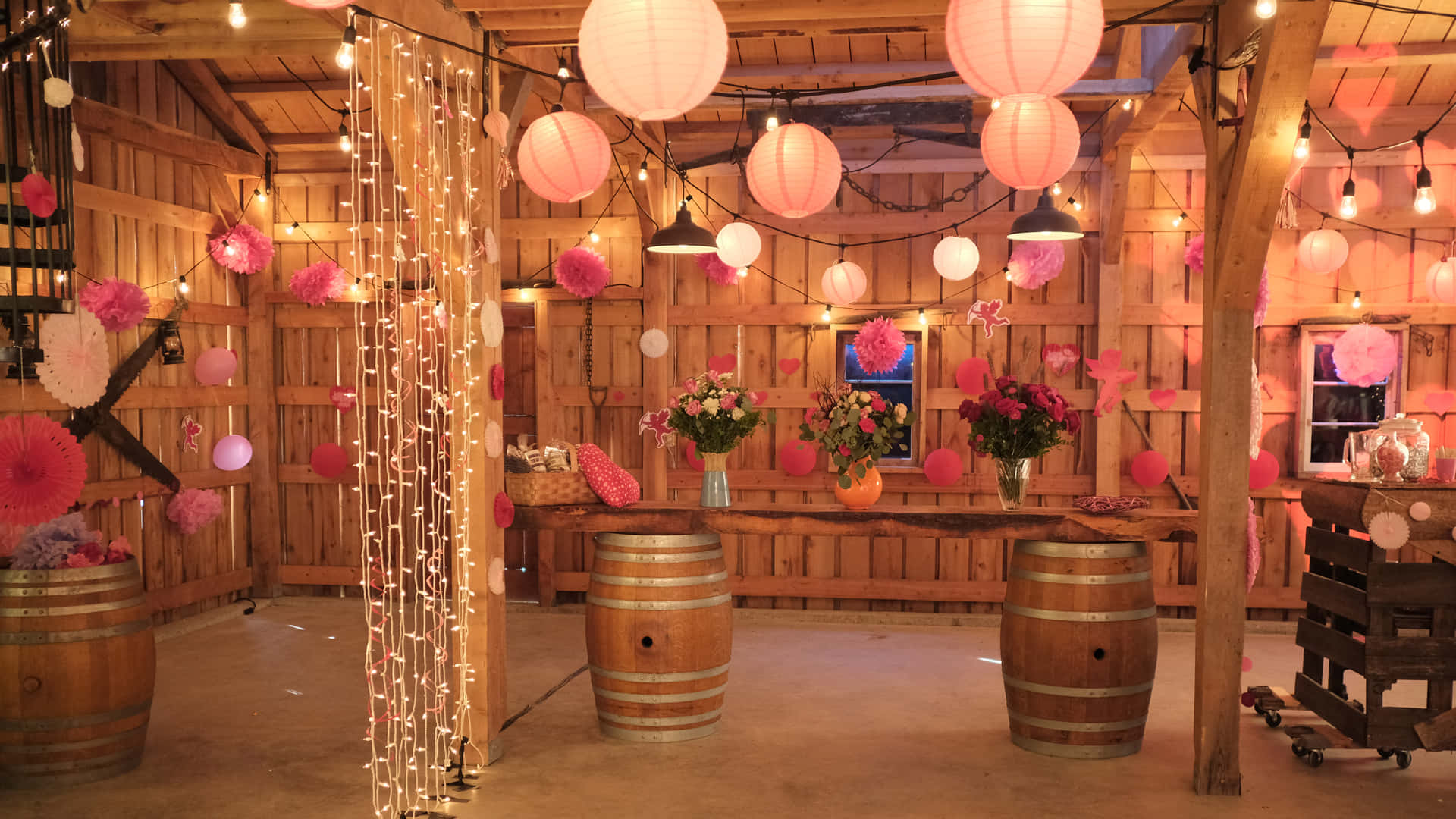 bohemian style, rustic wooden barn, pink paper lanterns, Full HD Desktop Wallpaper