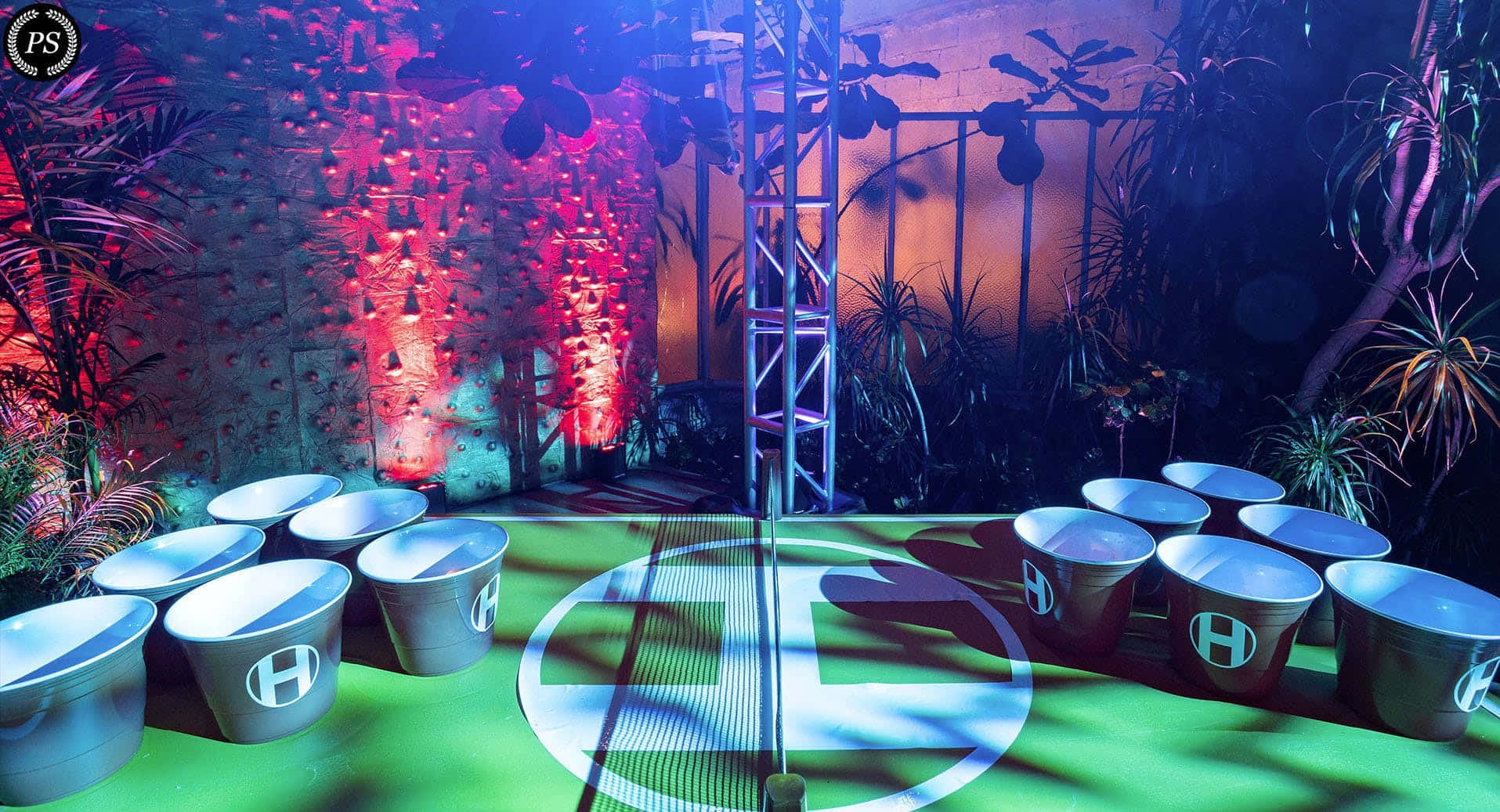 Zoom Party, neon-lit indoor, glowing green court, HD Desktop Wallpaper